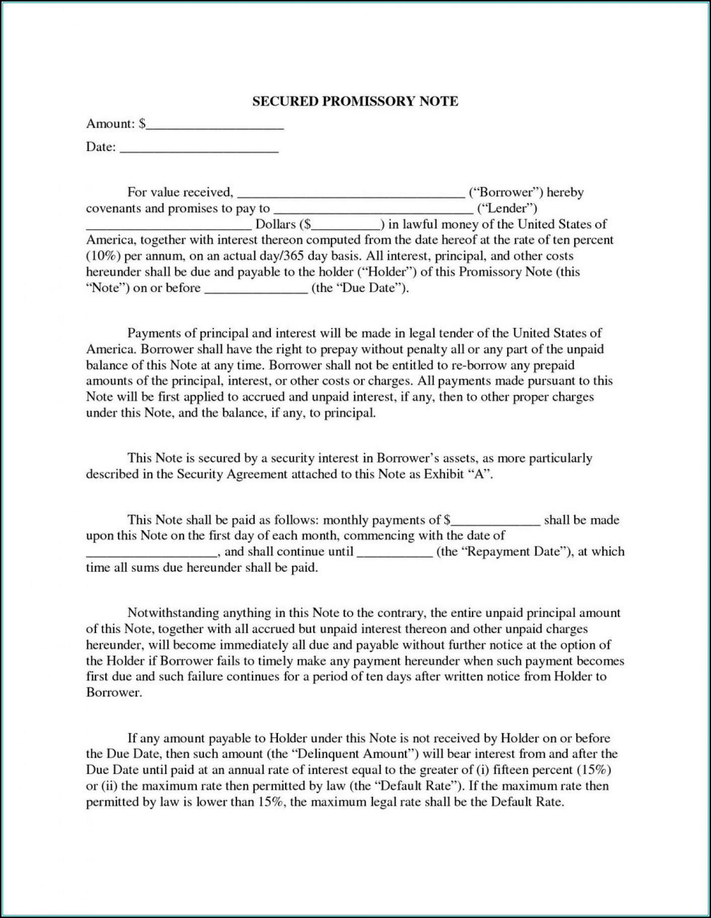 Secured Promissory Note Template Texas