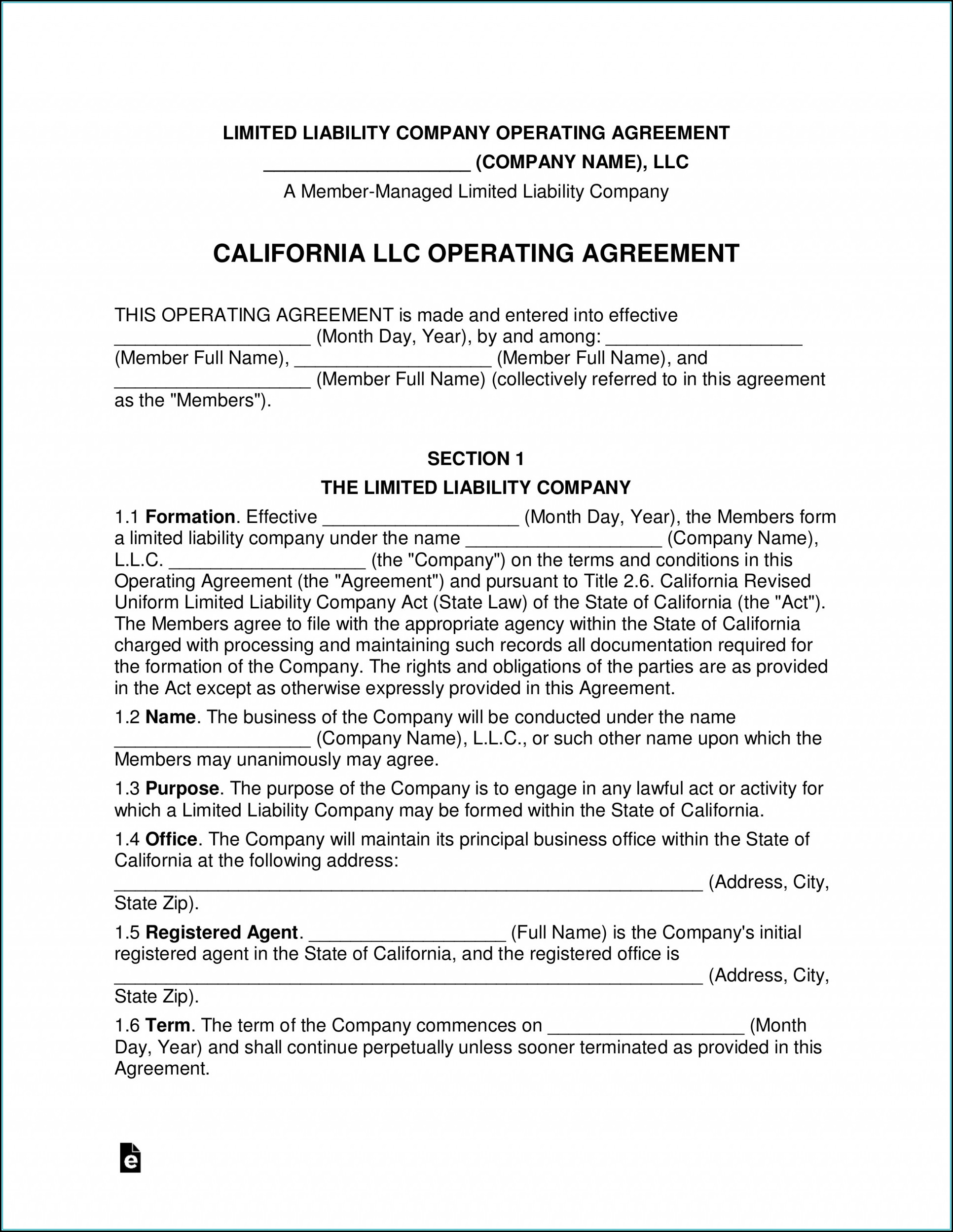 Single Member Llc Operating Agreement Template California