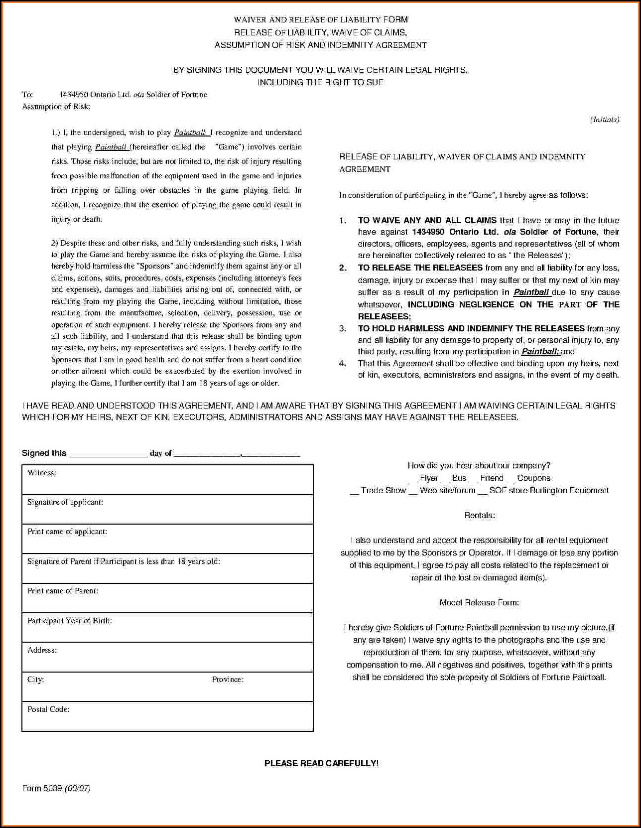 Sports Waiver Form Sample