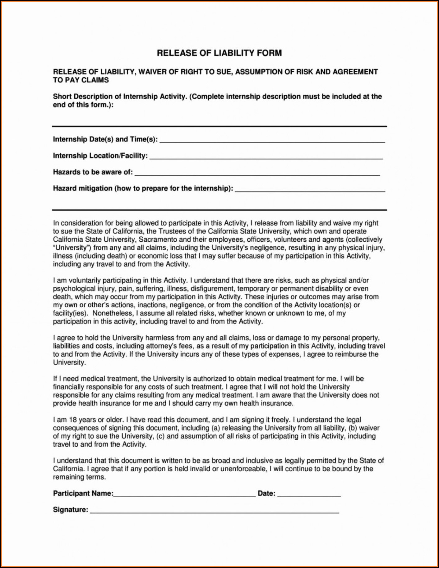Waiver Form Template For Sports