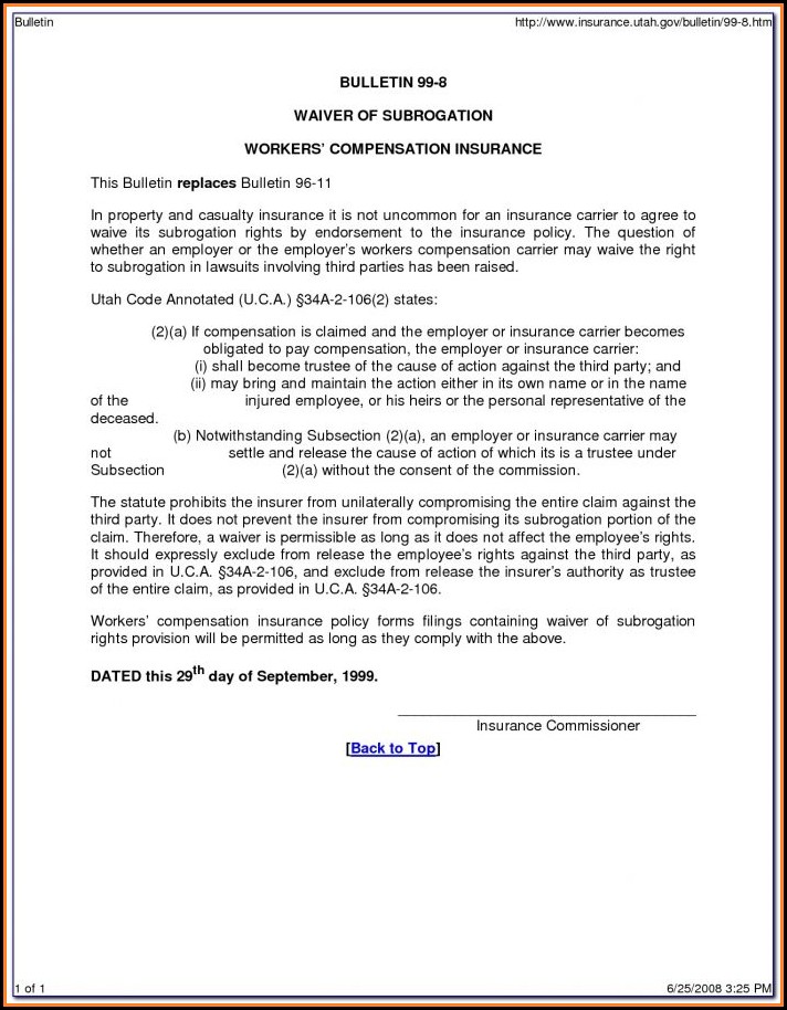 Waiver Of Subrogation Endorsement Workers Compensation