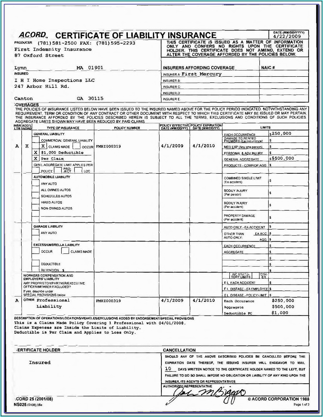 Acord Certificate Of Liability Insurance Form Pdf
