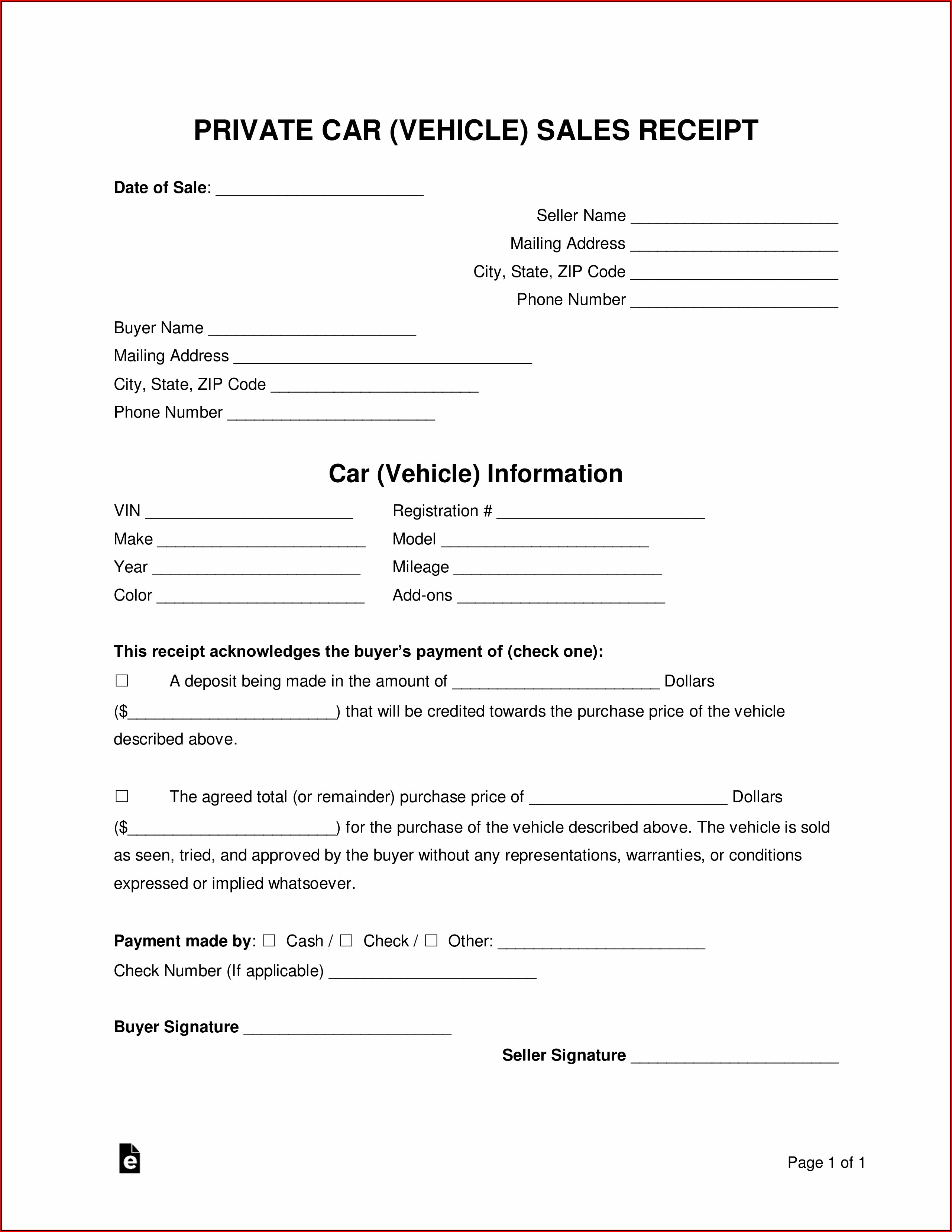 Car Sale Receipt Template