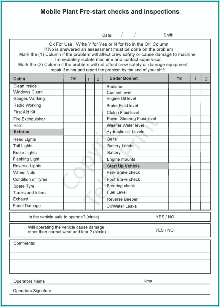 Cdl Pre Trip Inspection Checklist Form