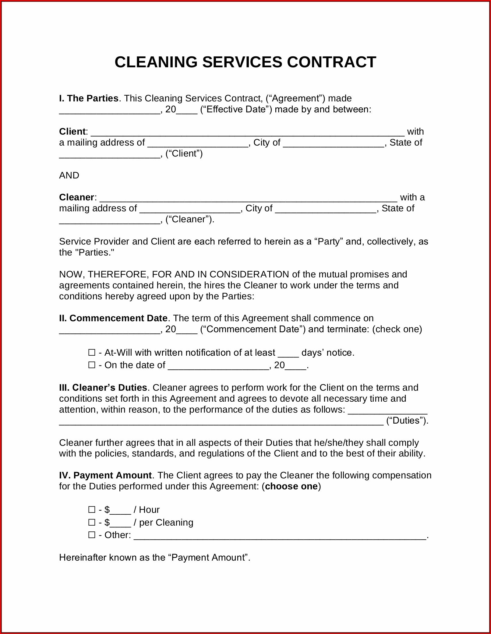 Cleaning Service Contract Template Word