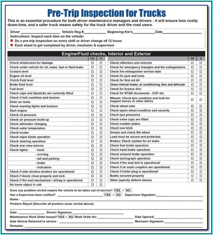 Dot Post Trip Inspection Form