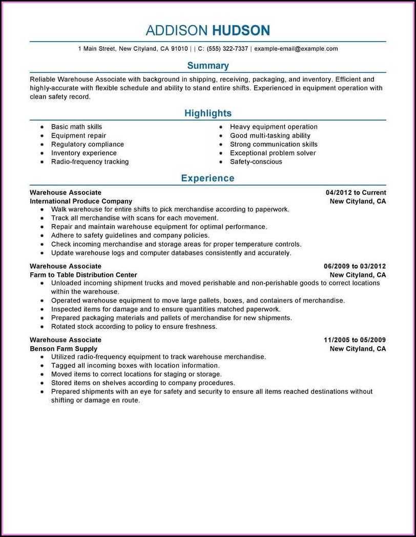 Examples Of Warehouse Resumes