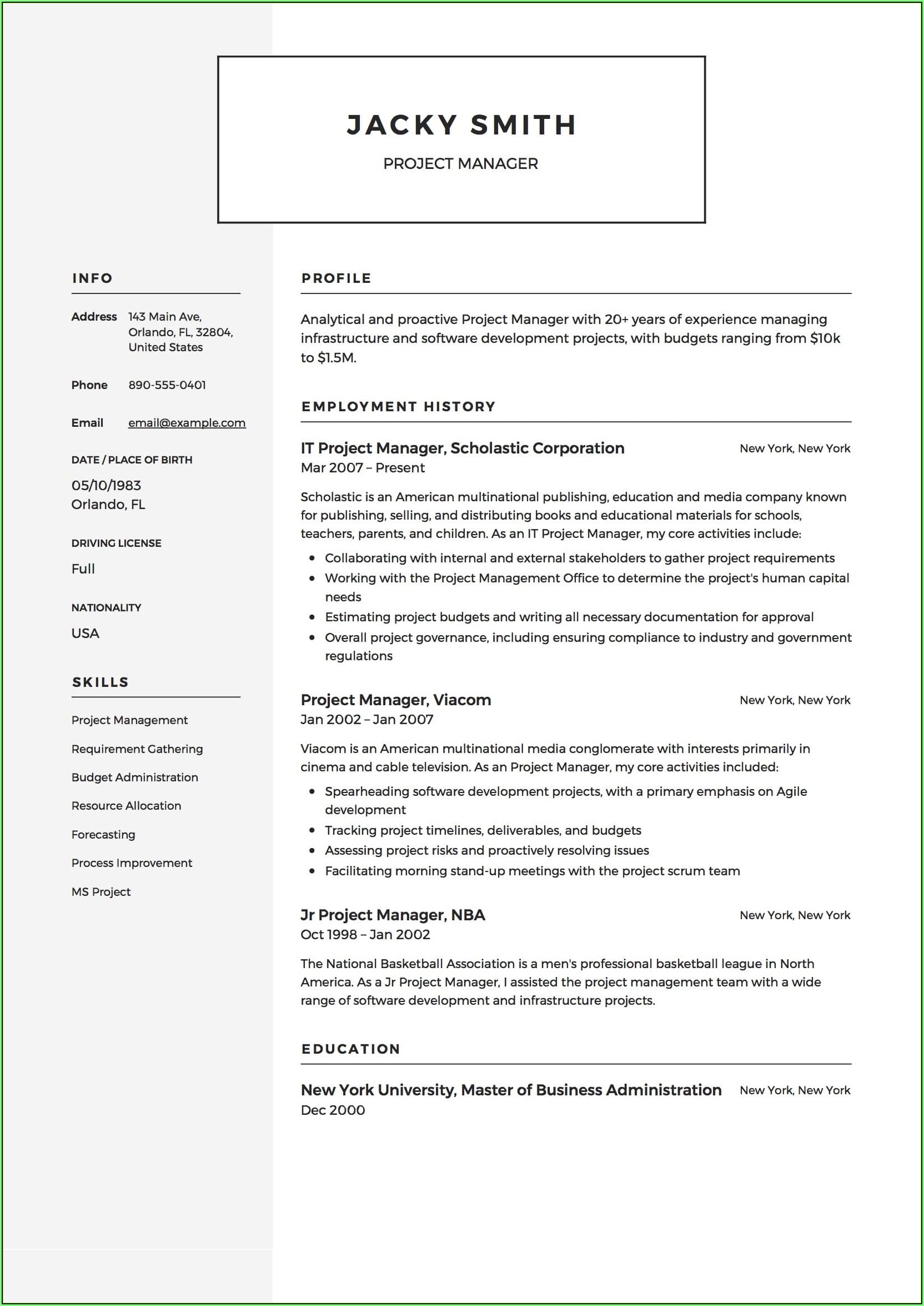 Free Construction Manager Resume Template Microsoft Word
