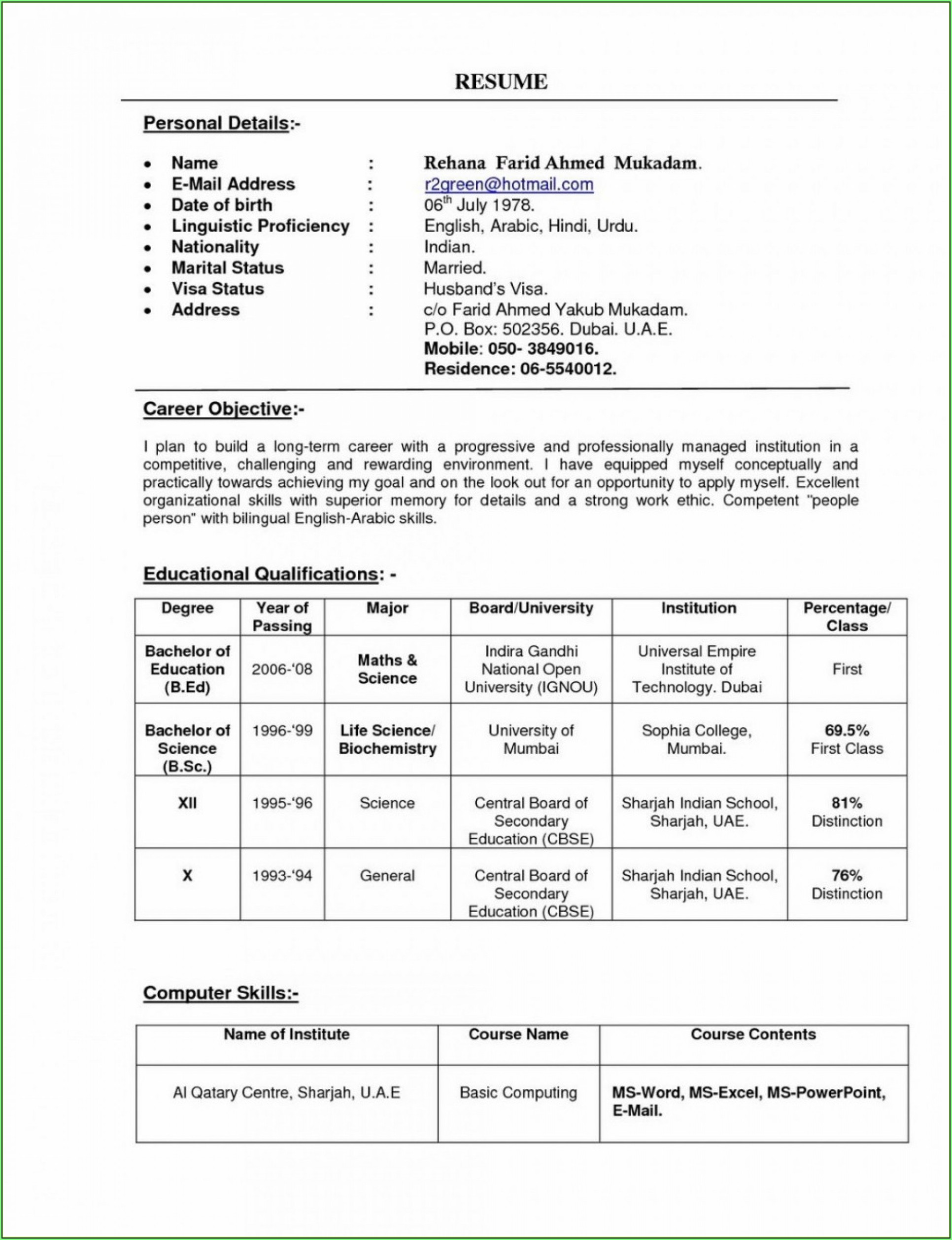 Free Download Resume Format Freshers Ms Word