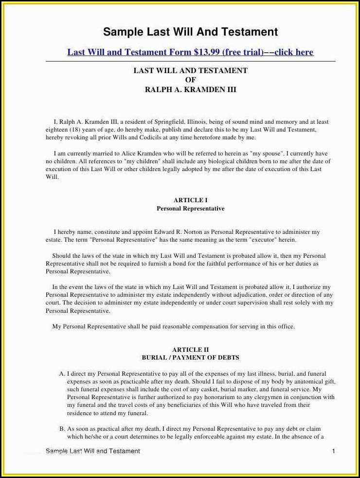 Free Sample Of Last Will And Testament Template