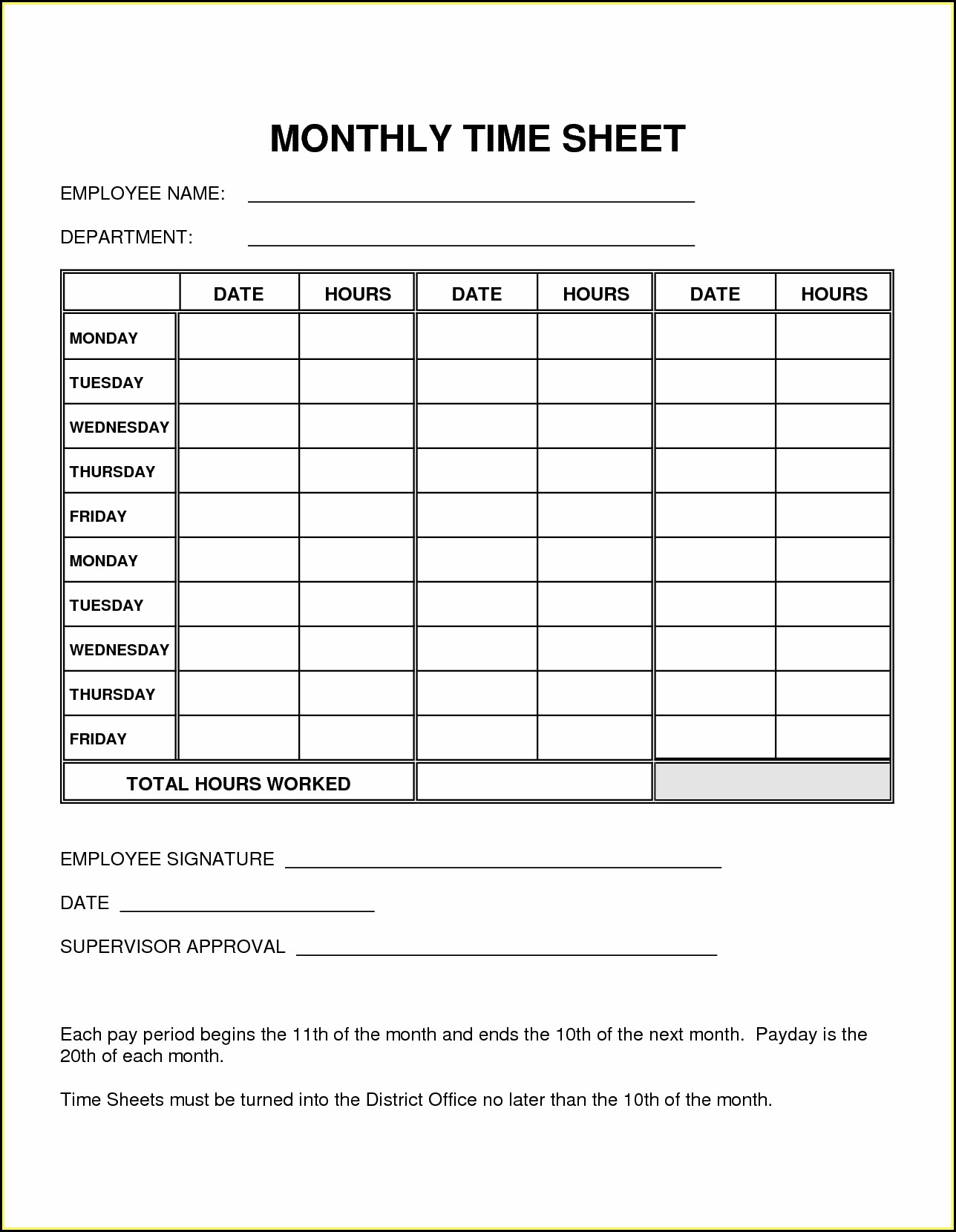 Monthly Timesheet Template Excel Free Download