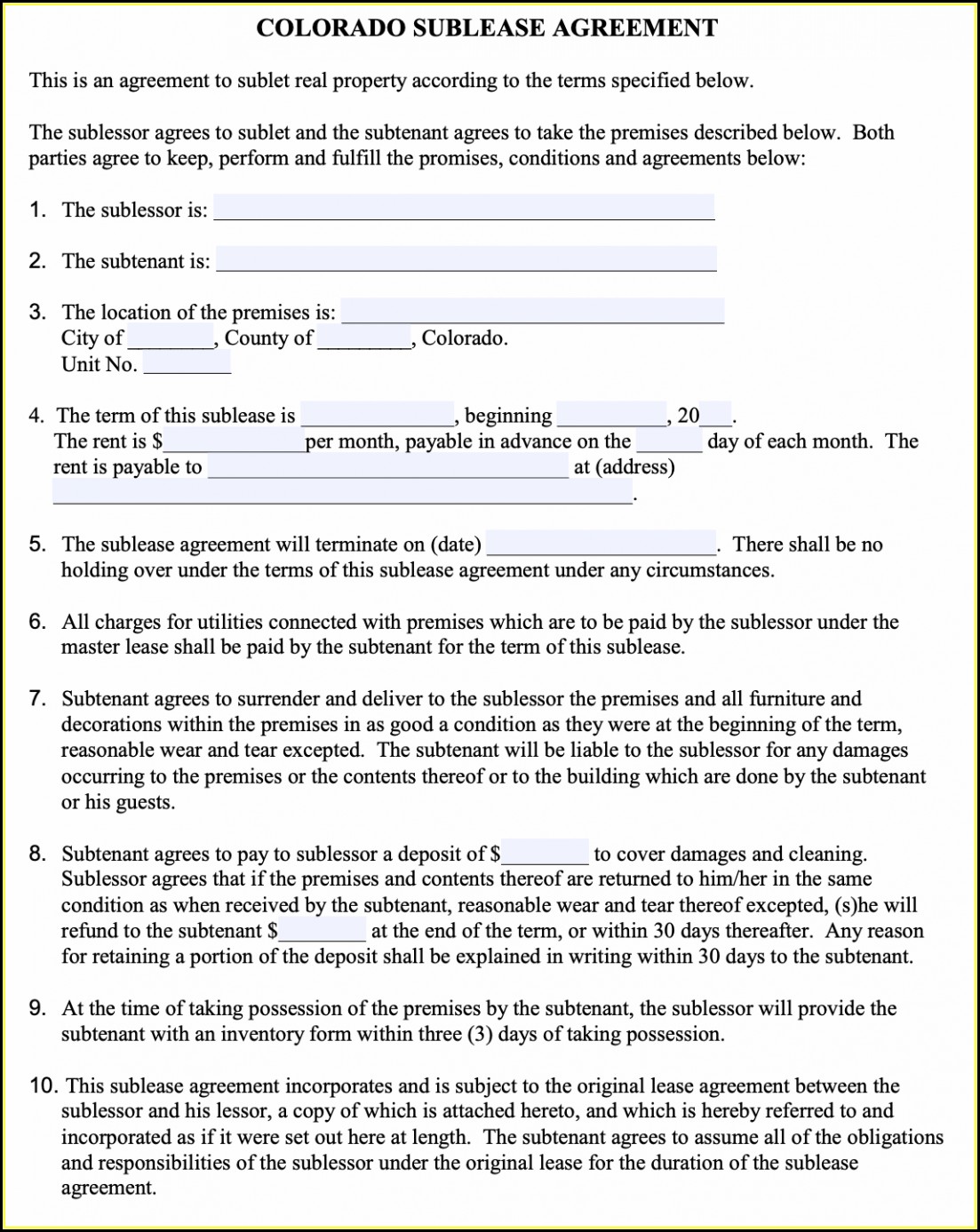 Office Sublease Agreement Template Free