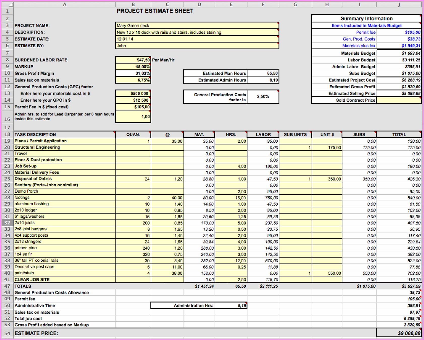 Construction Cost Estimate Template Excel Free