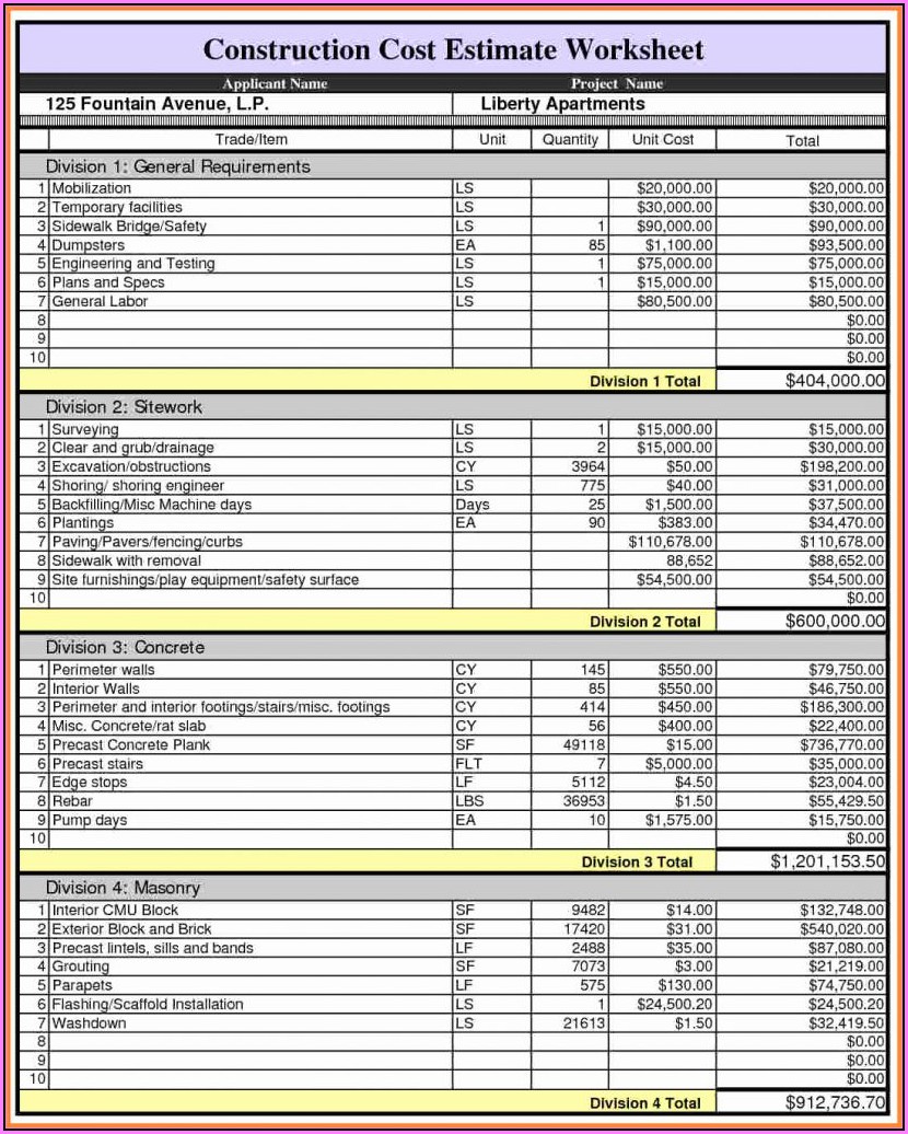 Construction Costs Excel Template