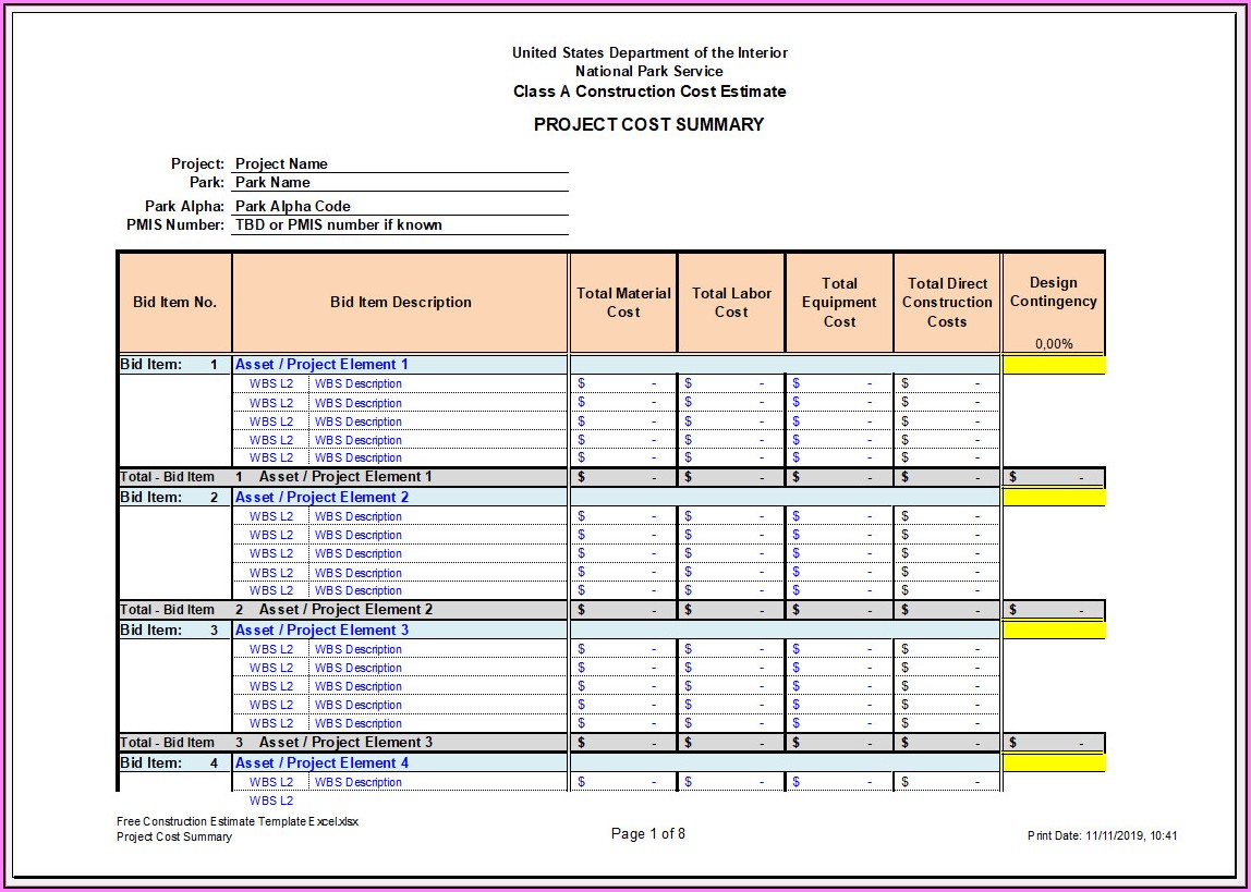 Construction Estimate Template Excel Free