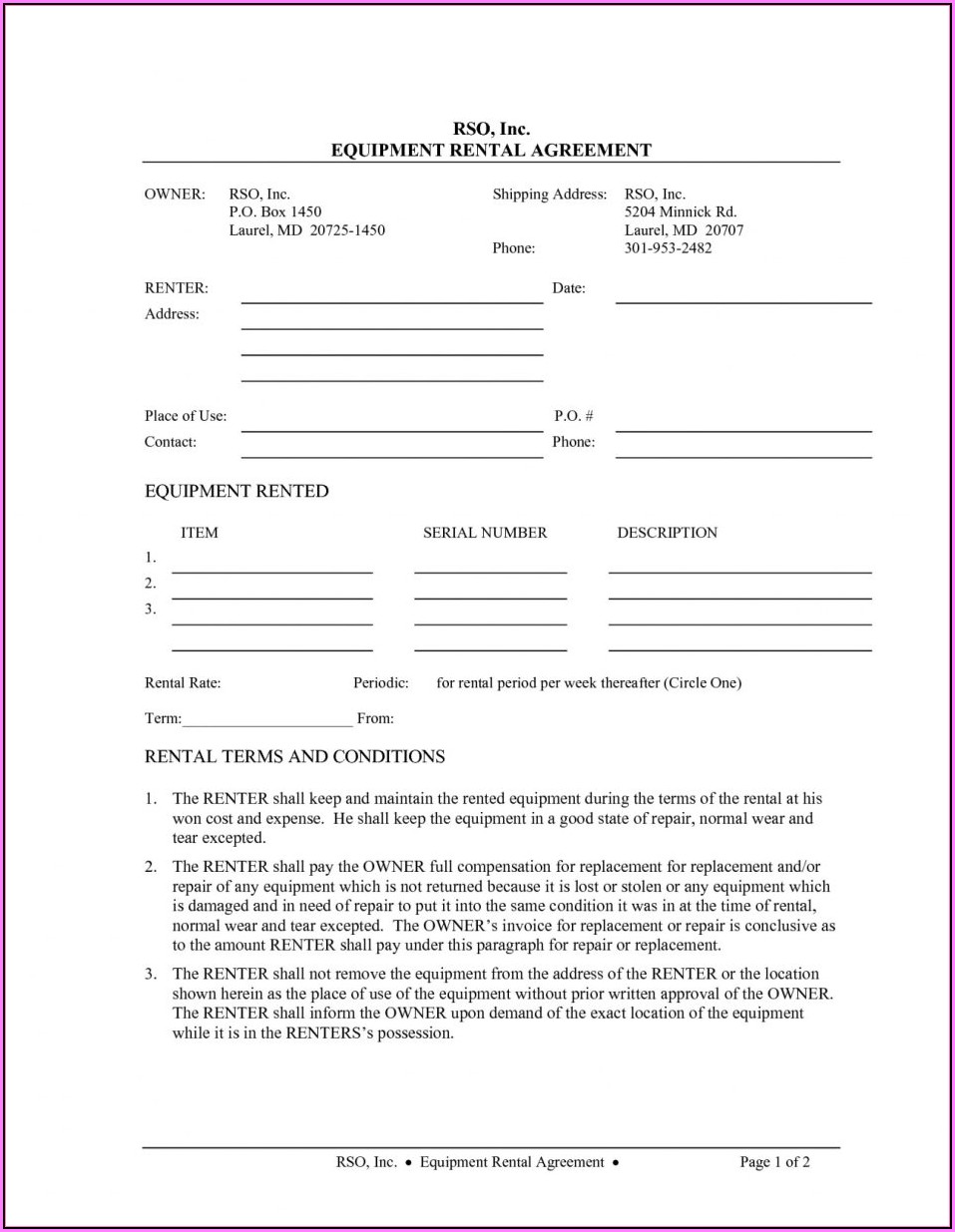 Equipment Rental Agreement Template