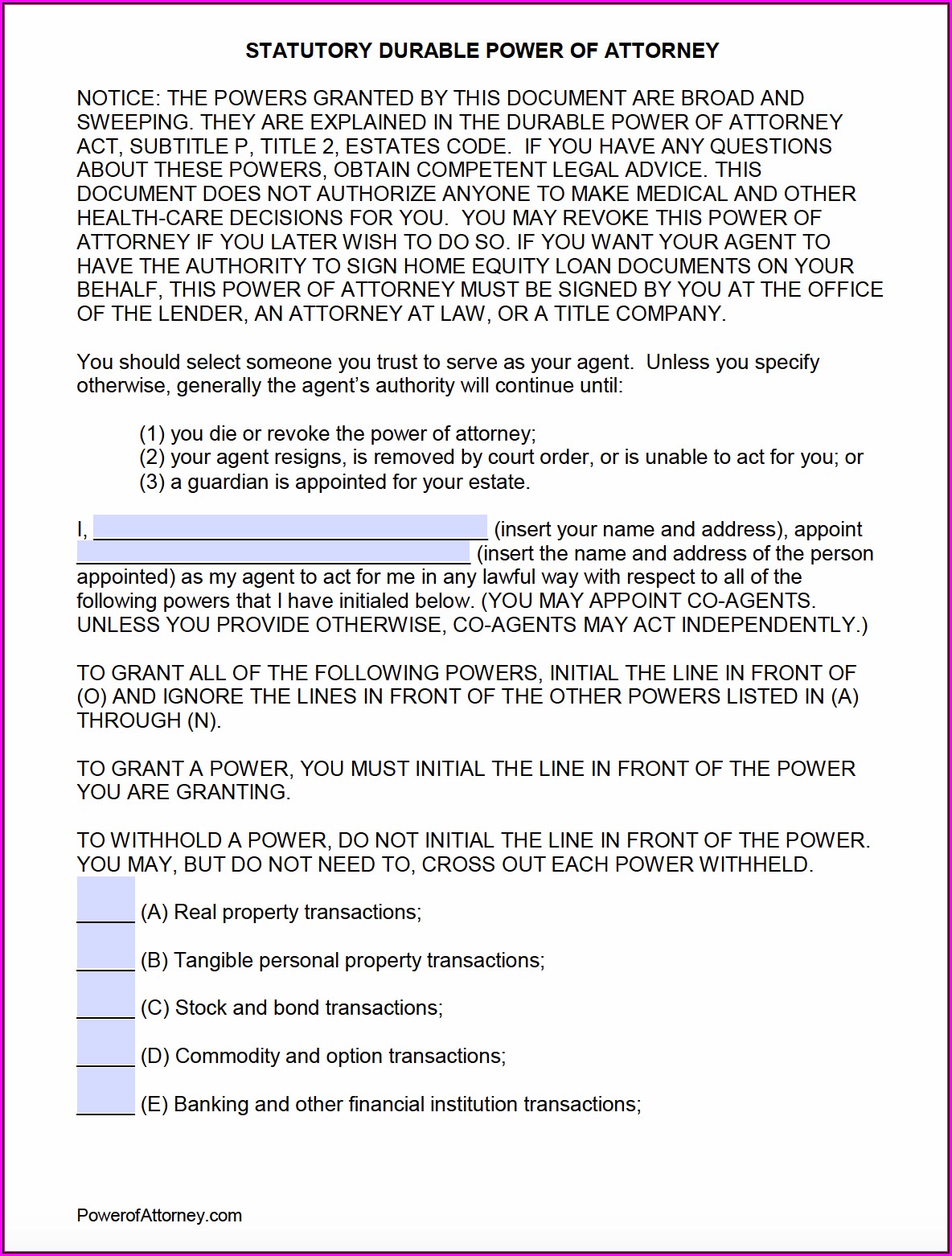 Free Durable Power Of Attorney For Health Care Form Texas