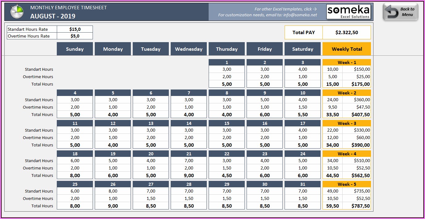 Free Excel Monthly Timesheet Template