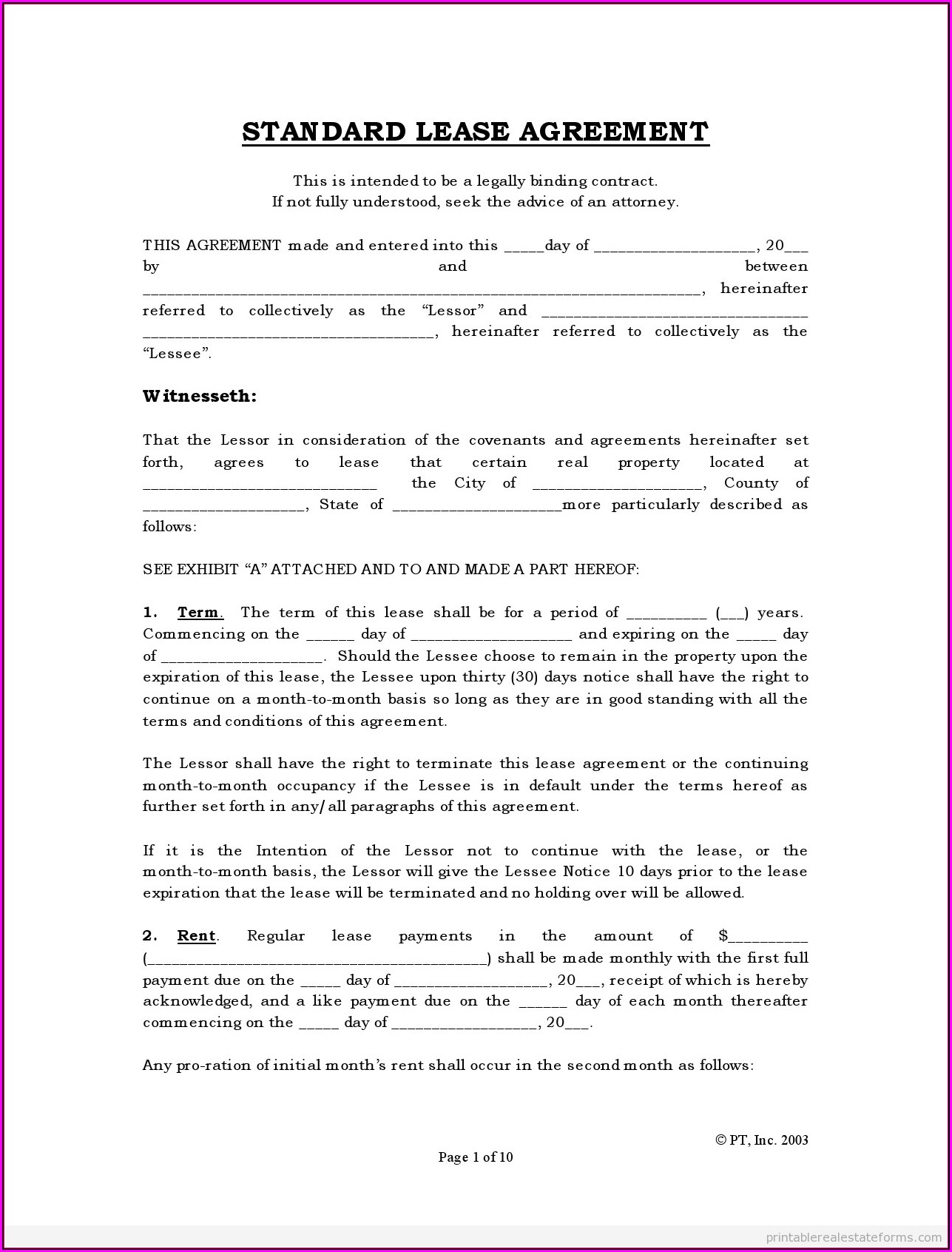 Free Lease Agreements Forms Printable