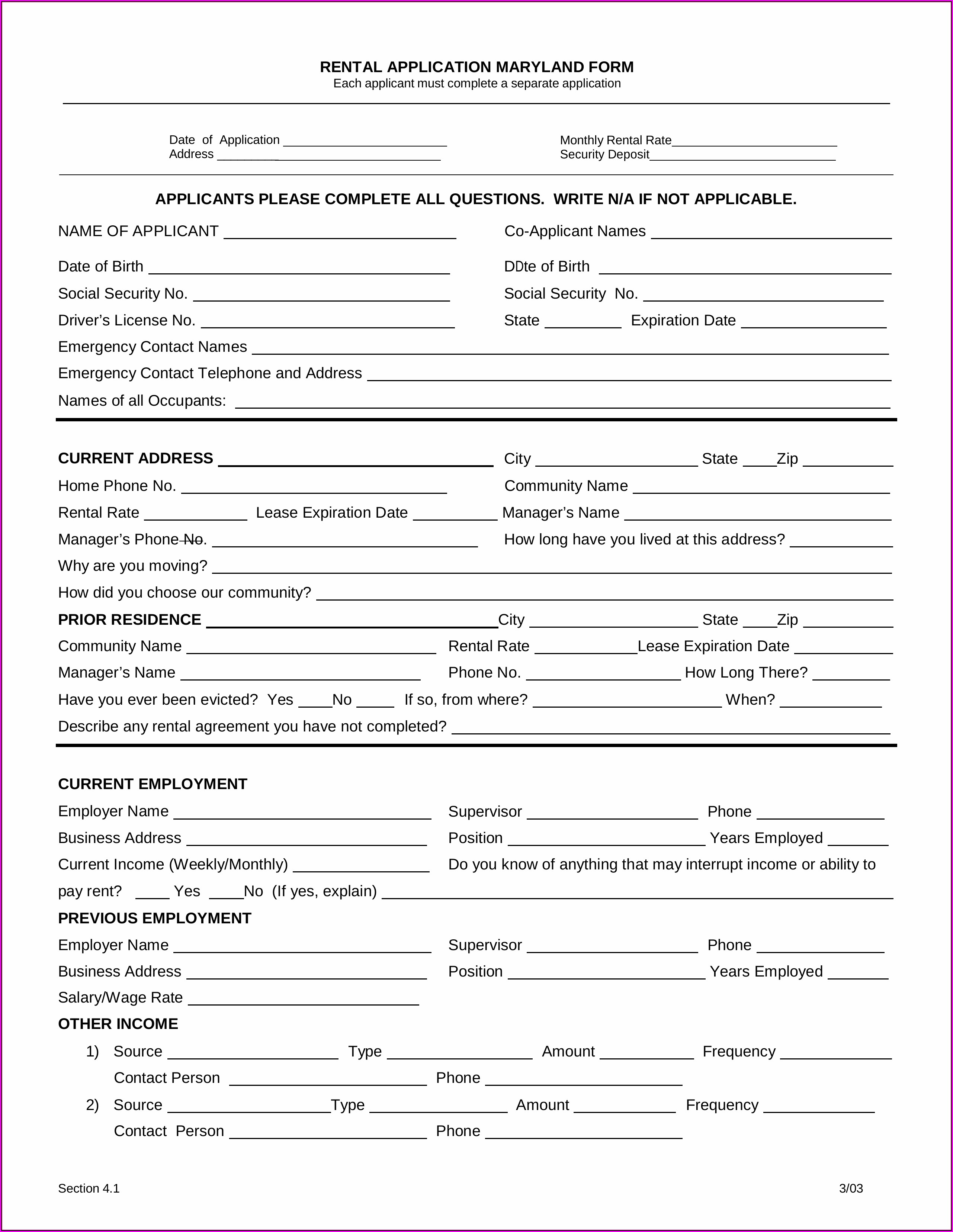 Free Maryland Rental Application Form