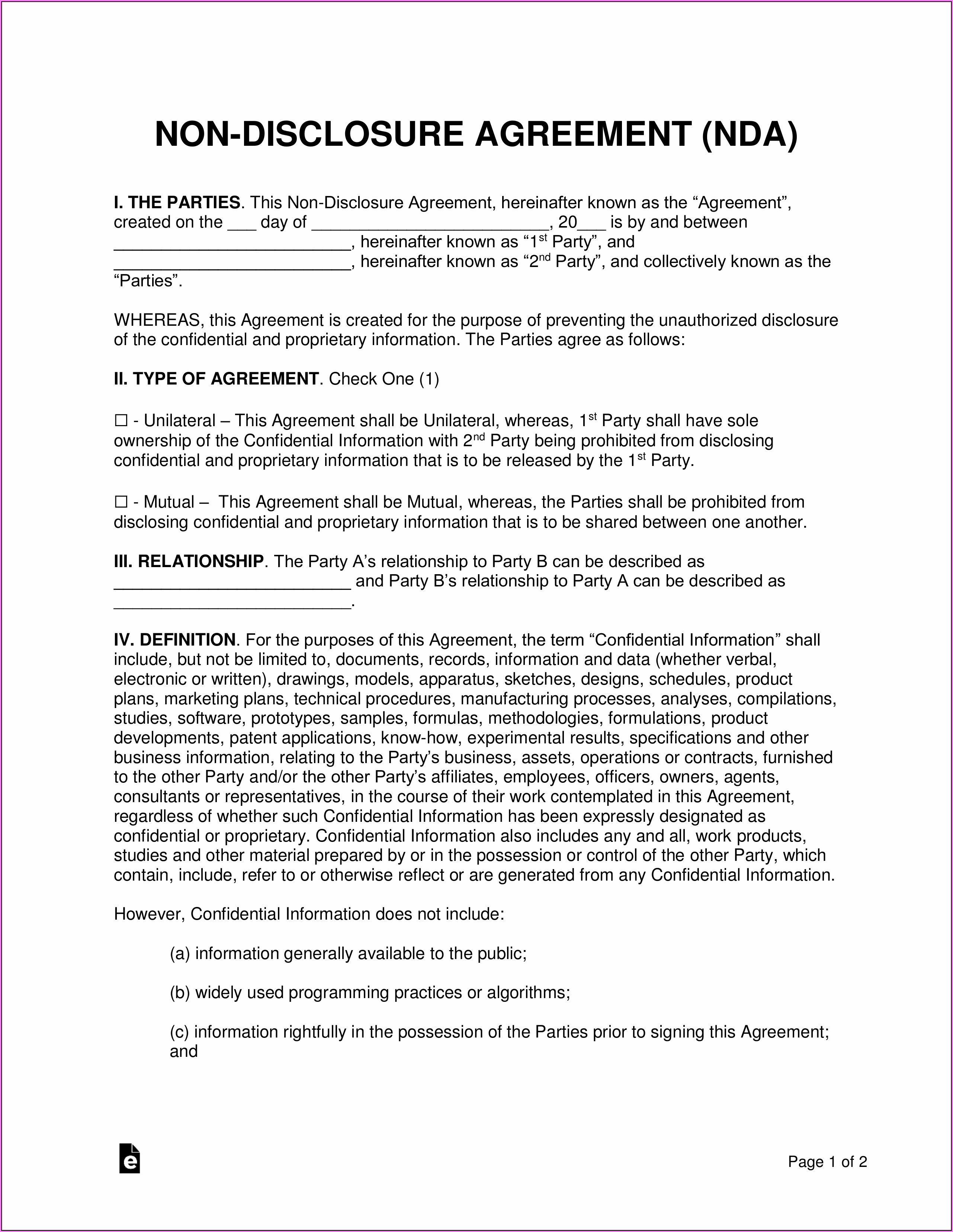 Free Non Disclosure Agreement Template Word