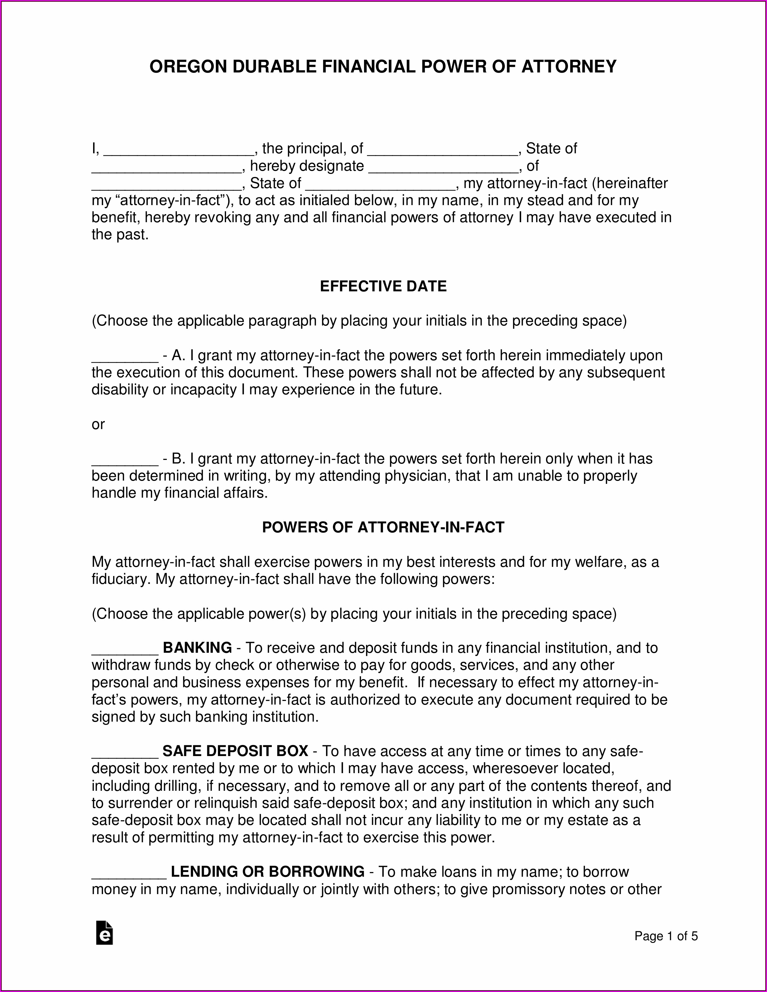 Free Printable Durable Power Of Attorney Form Oregon