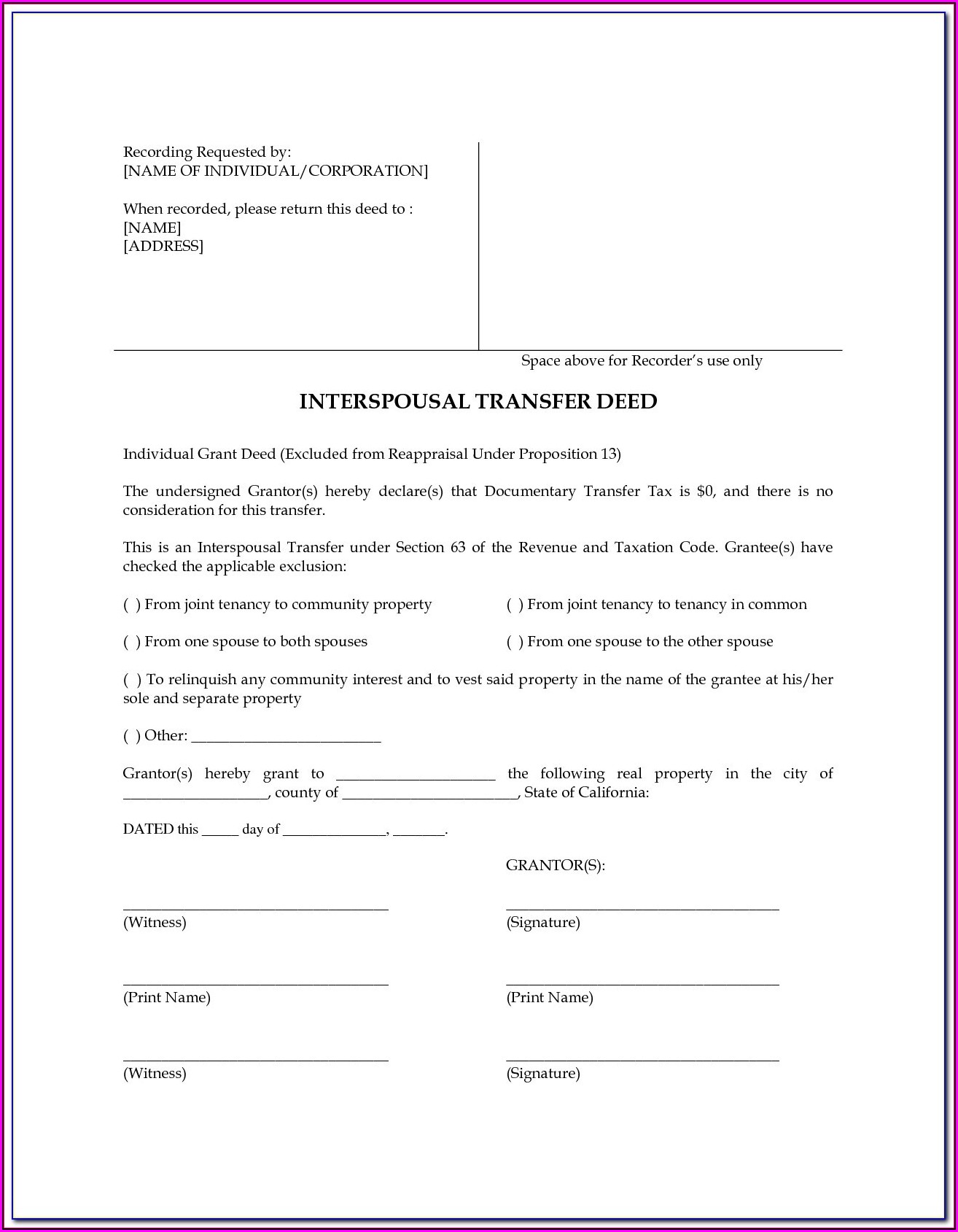 Interspousal Transfer Deed Form Los Angeles County