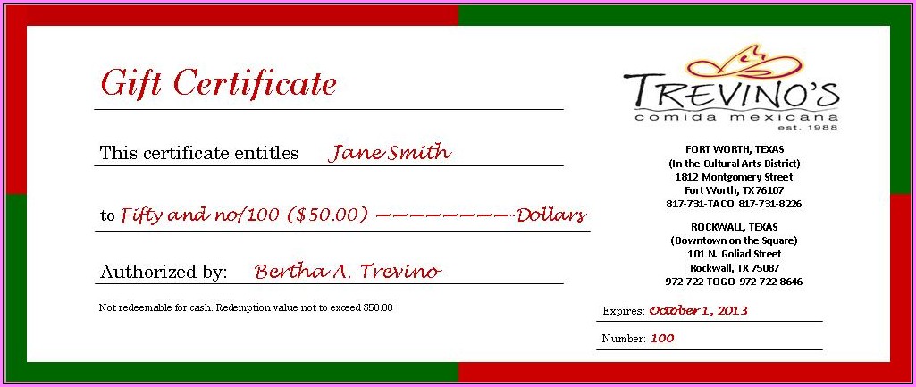 Mexican Restaurant Gift Certificate Template