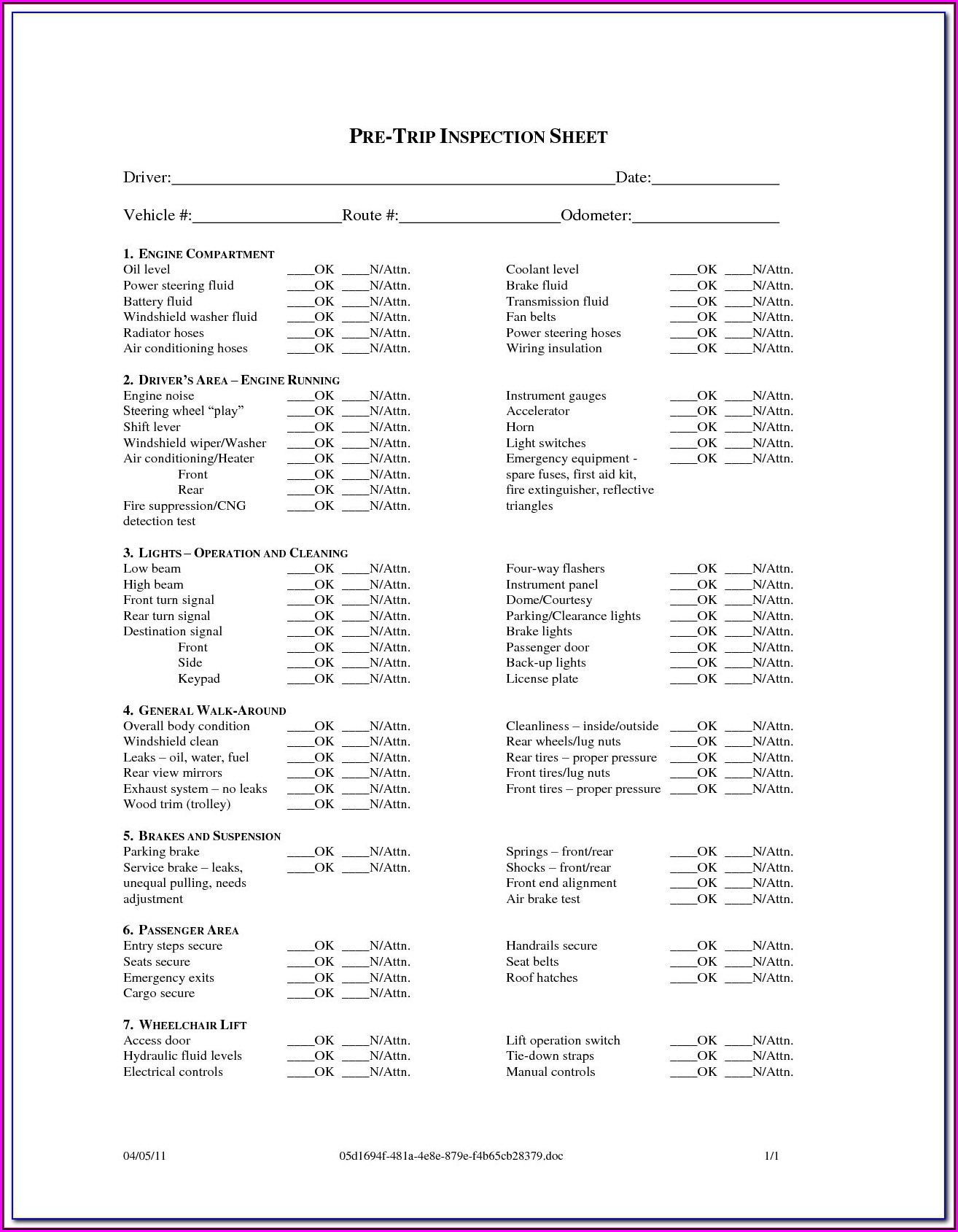 Michigan School Bus Pre Trip Inspection Form