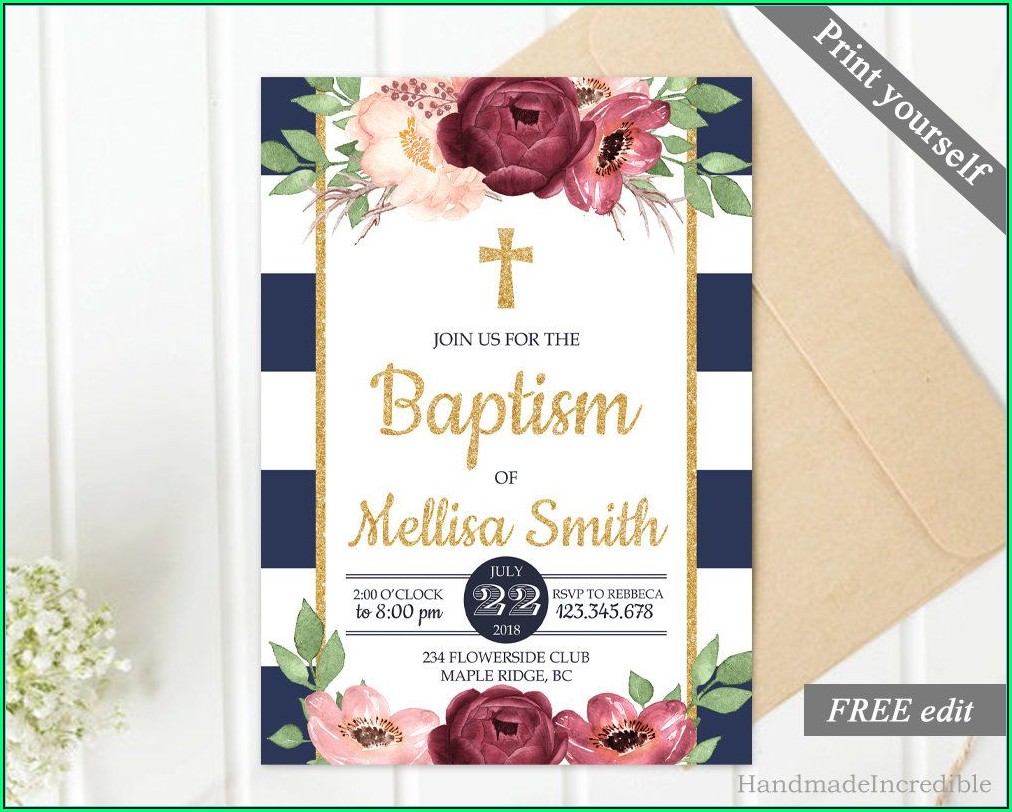 Pink And Gold Baptism Invitation Template