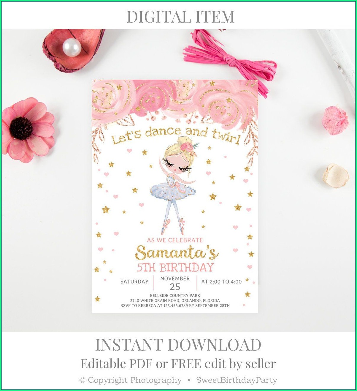 Pink And Gold Birthday Invitation Template