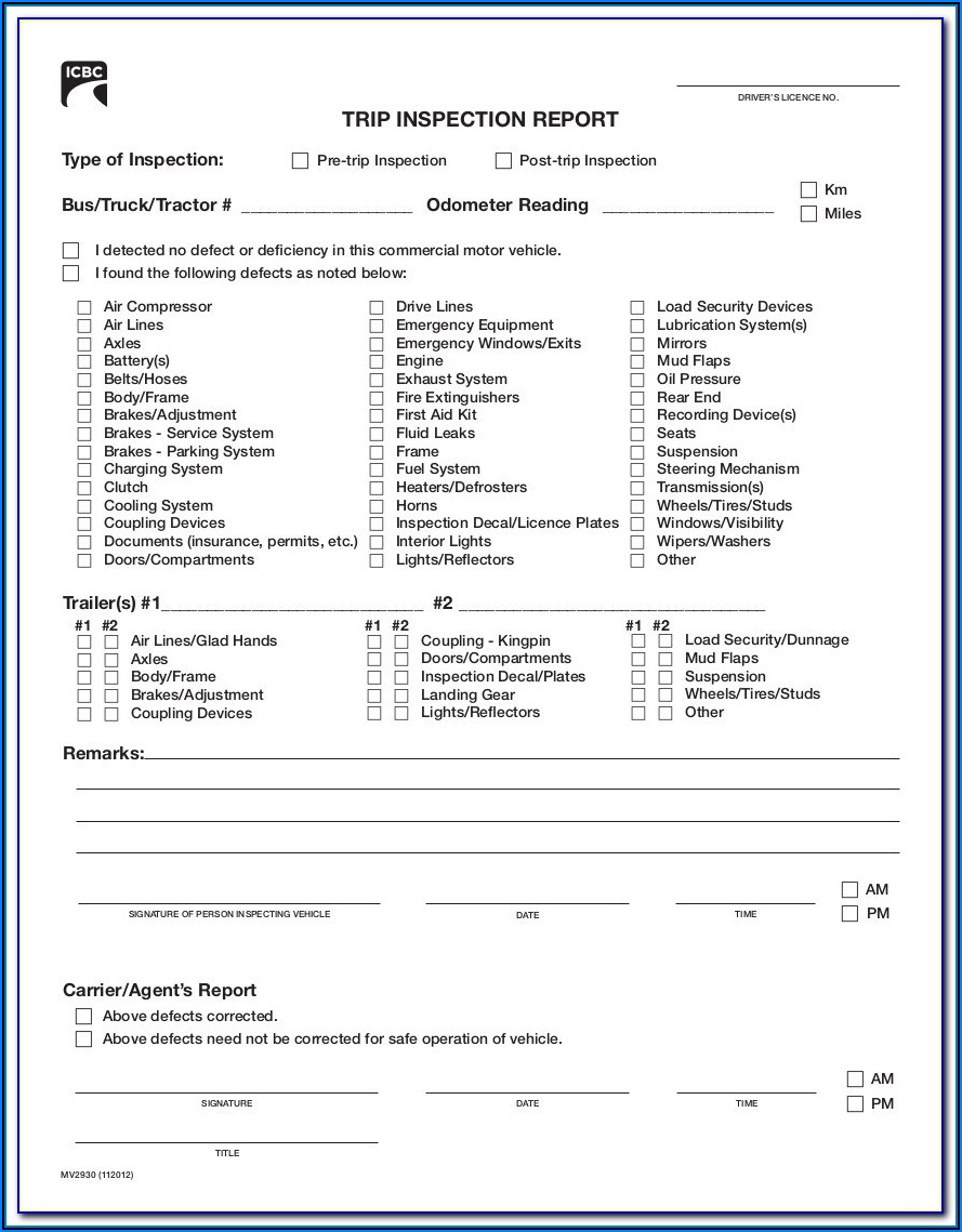 Pre Trip Inspection Checklist Form Icbc