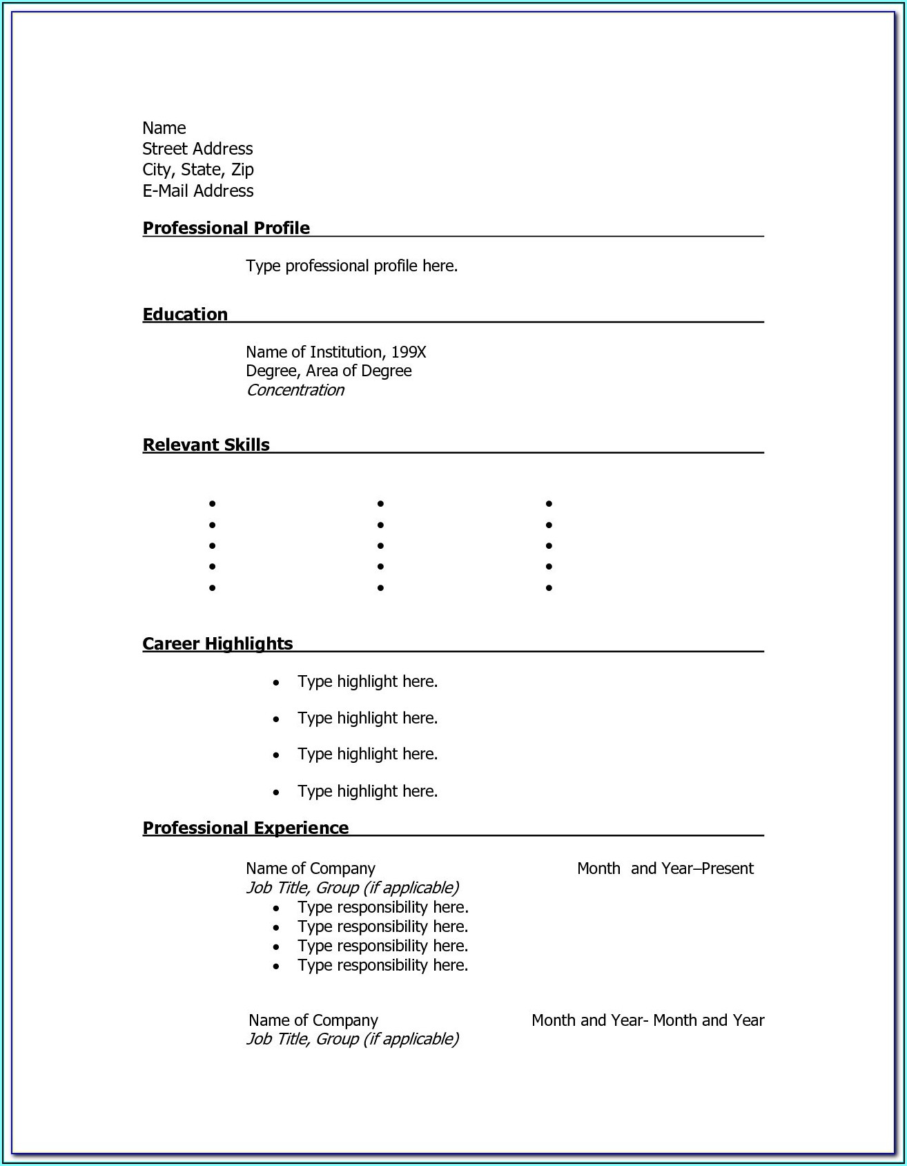 Printable Resume Templates Examples