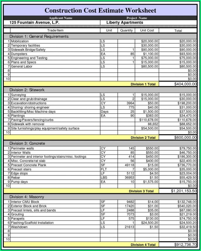 Residential Construction Estimate Template Excel