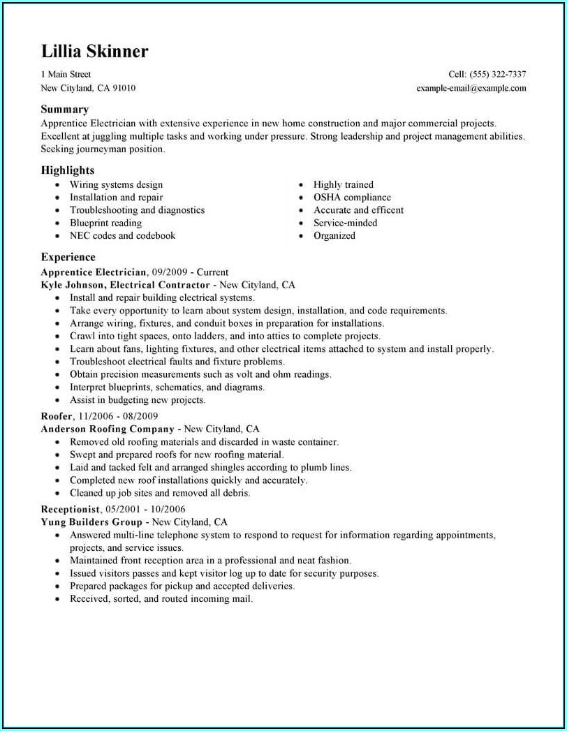 Resume Examples For Electricians Apprentice