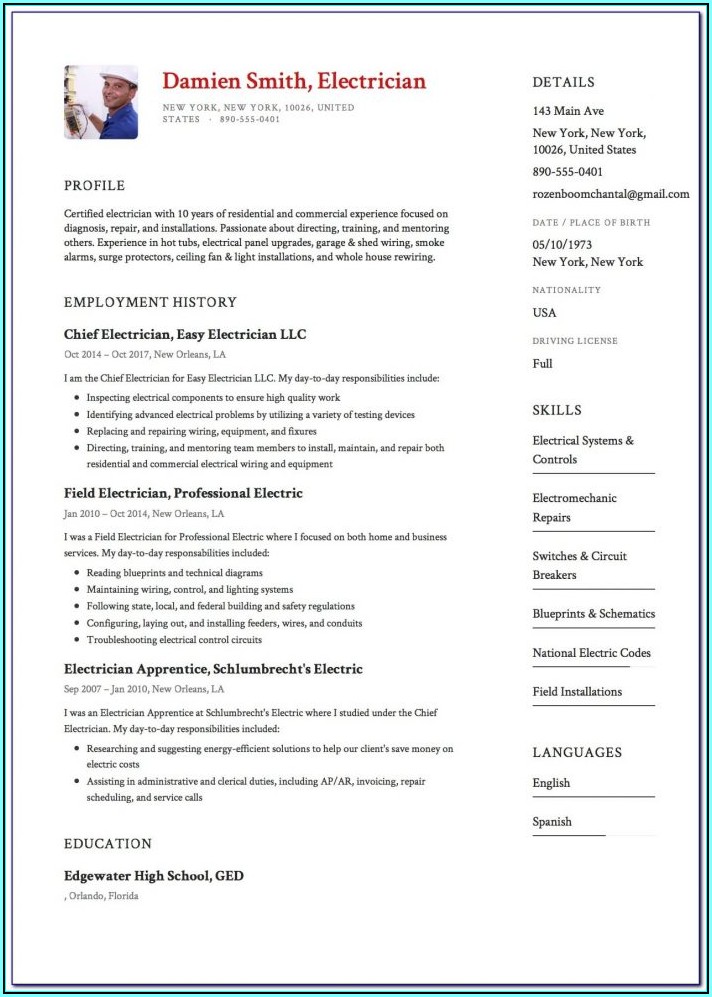 Resume Examples For Electricians