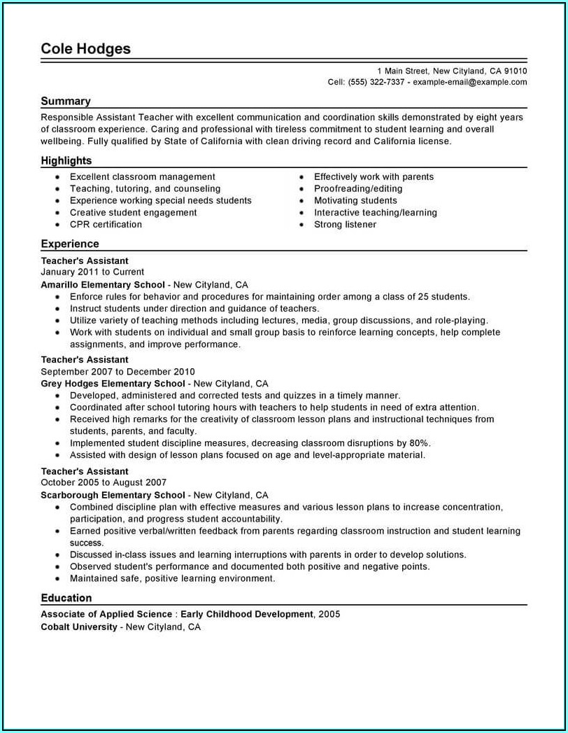 Resume For Teachers With No Experience Examples