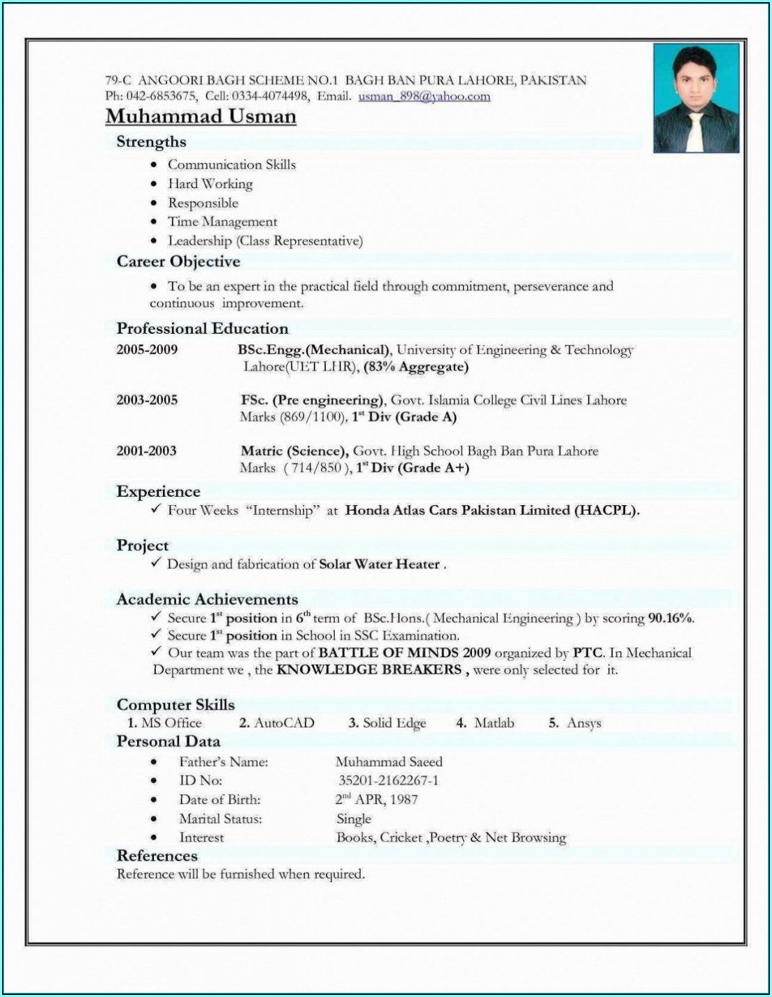Resume Format Download In Ms Word For Fresher Mechanical Engineer