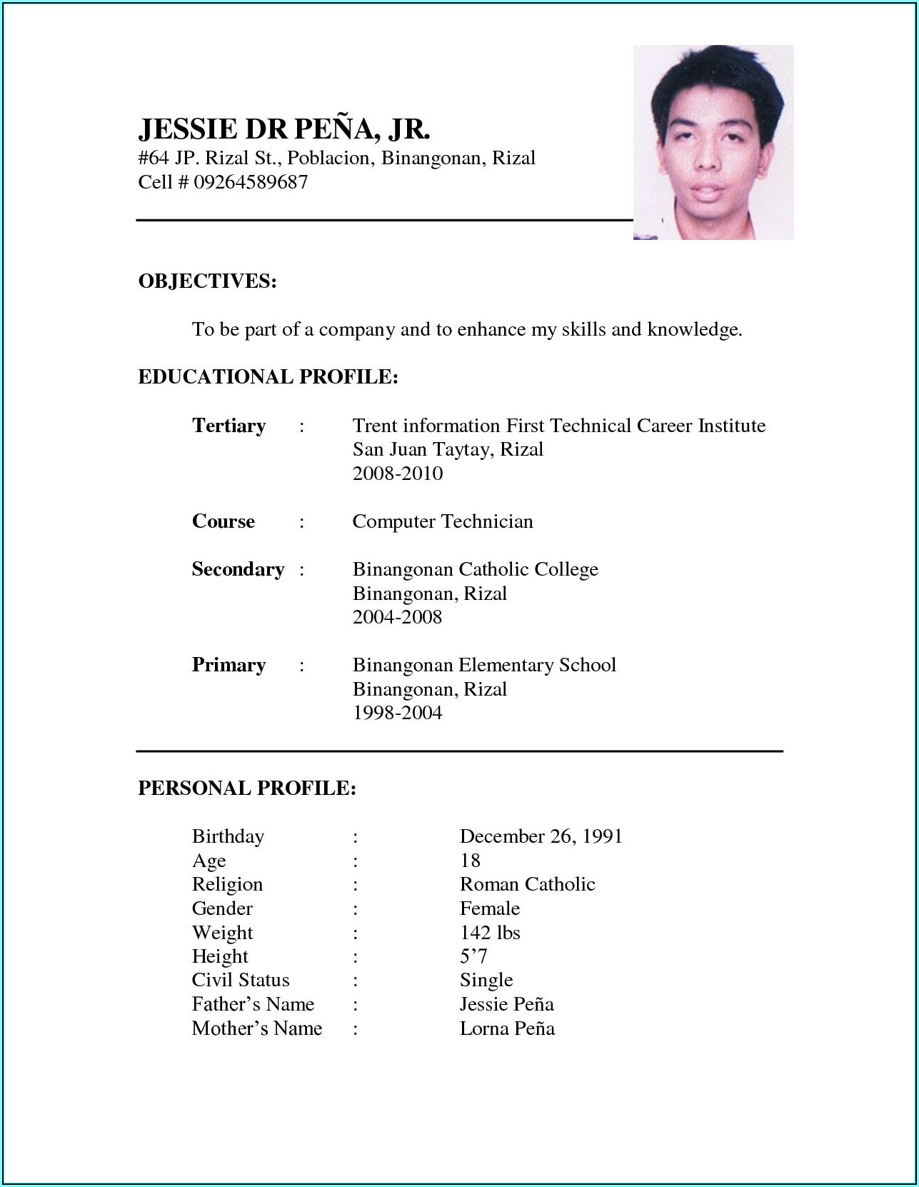 Resume Format Examples For Job Application