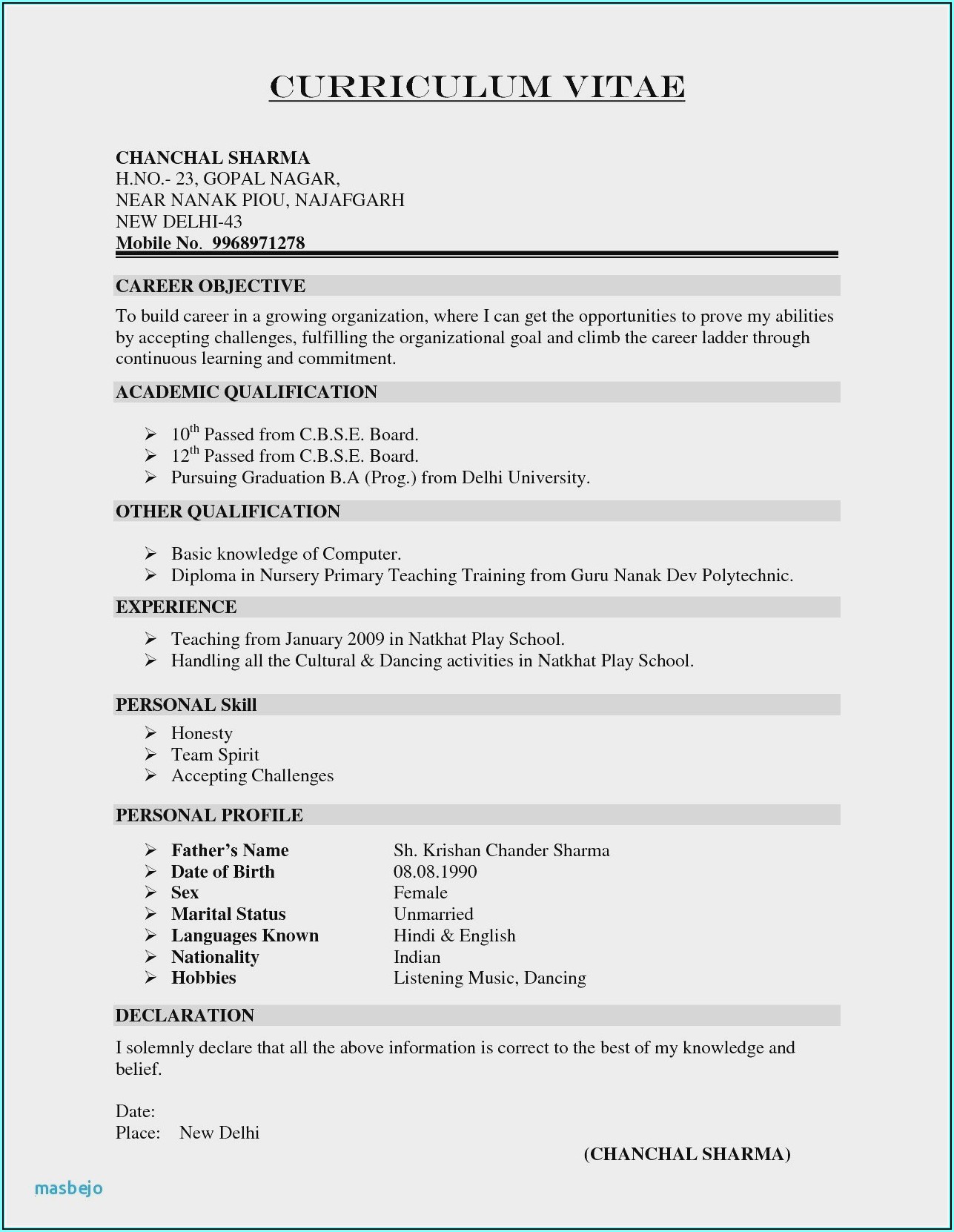 Resume Format For Teachers In Word Format Download Free