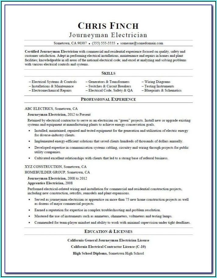 Resume Templates For Electricians