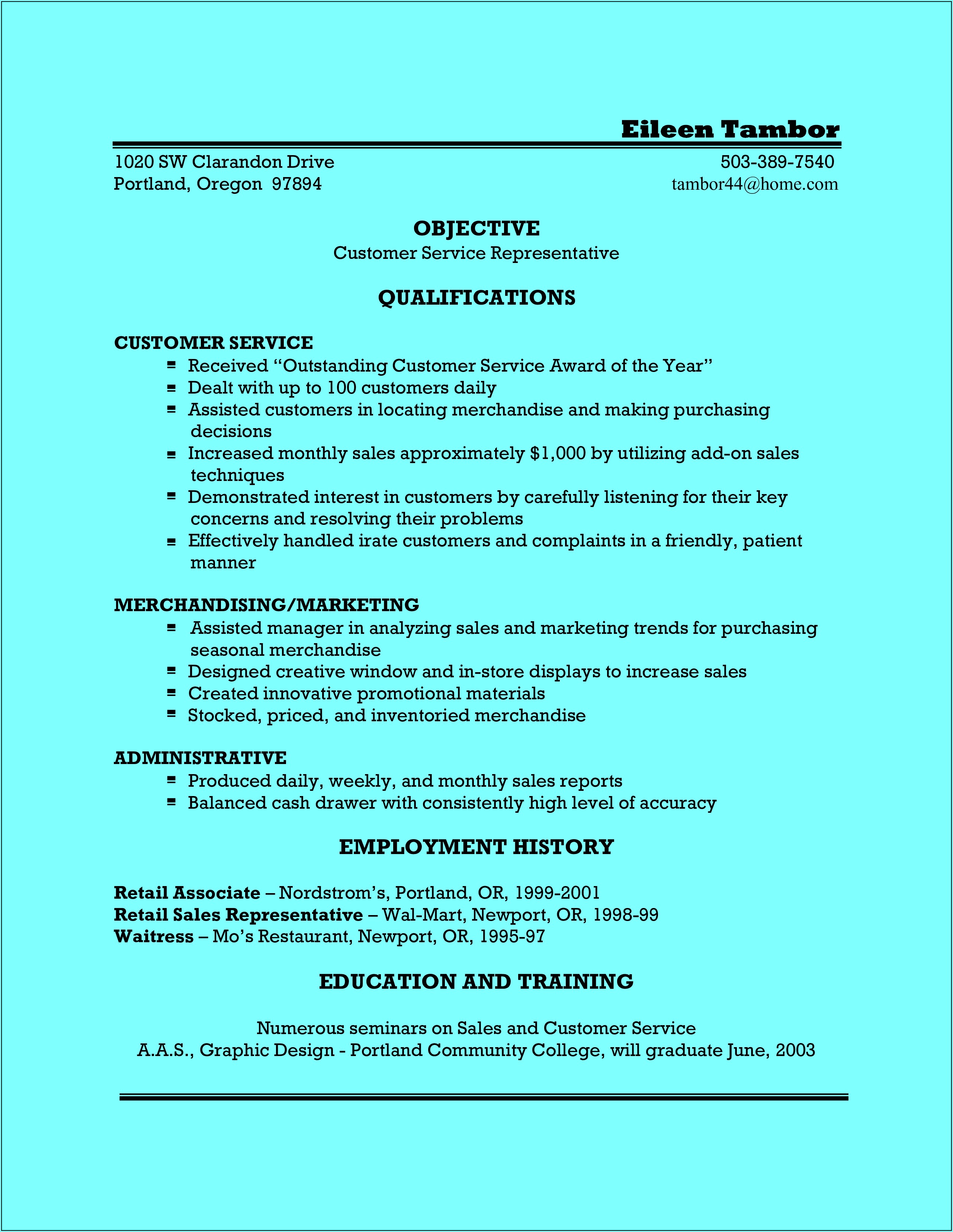 Resume Templates For Sales And Customer Service