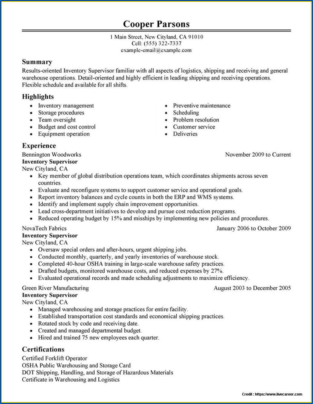 Sample Of Warehouse Manager Resume