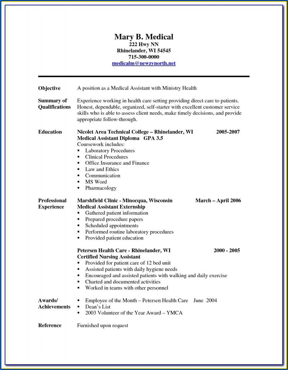 Sample Resumes For Medical Assistant Positions