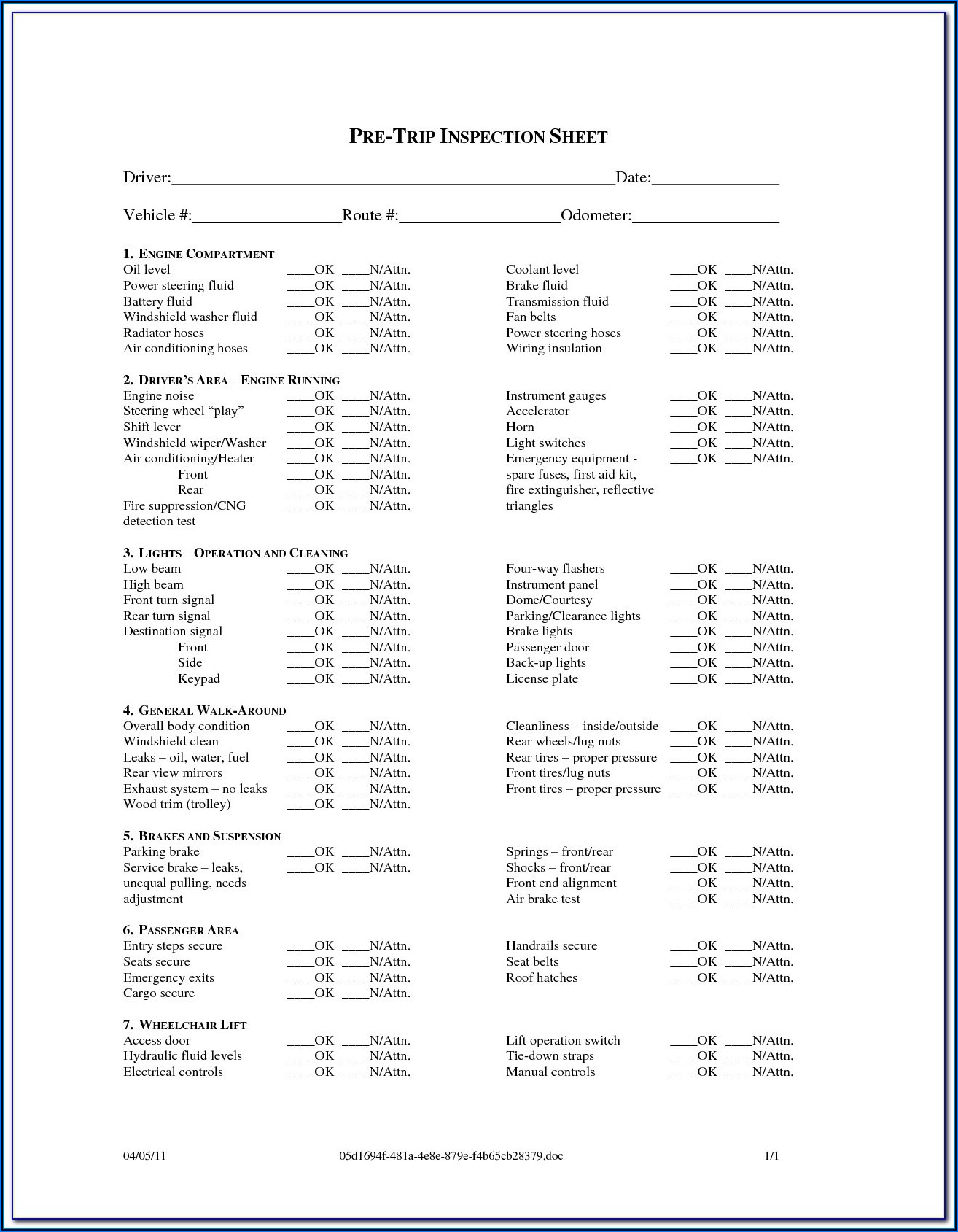 School Bus Pre Trip Inspection Form