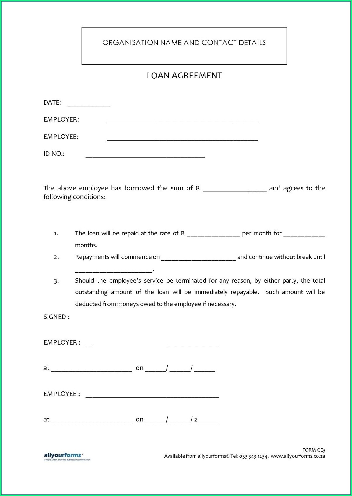 Simple Loan Agreement Template Word South Africa