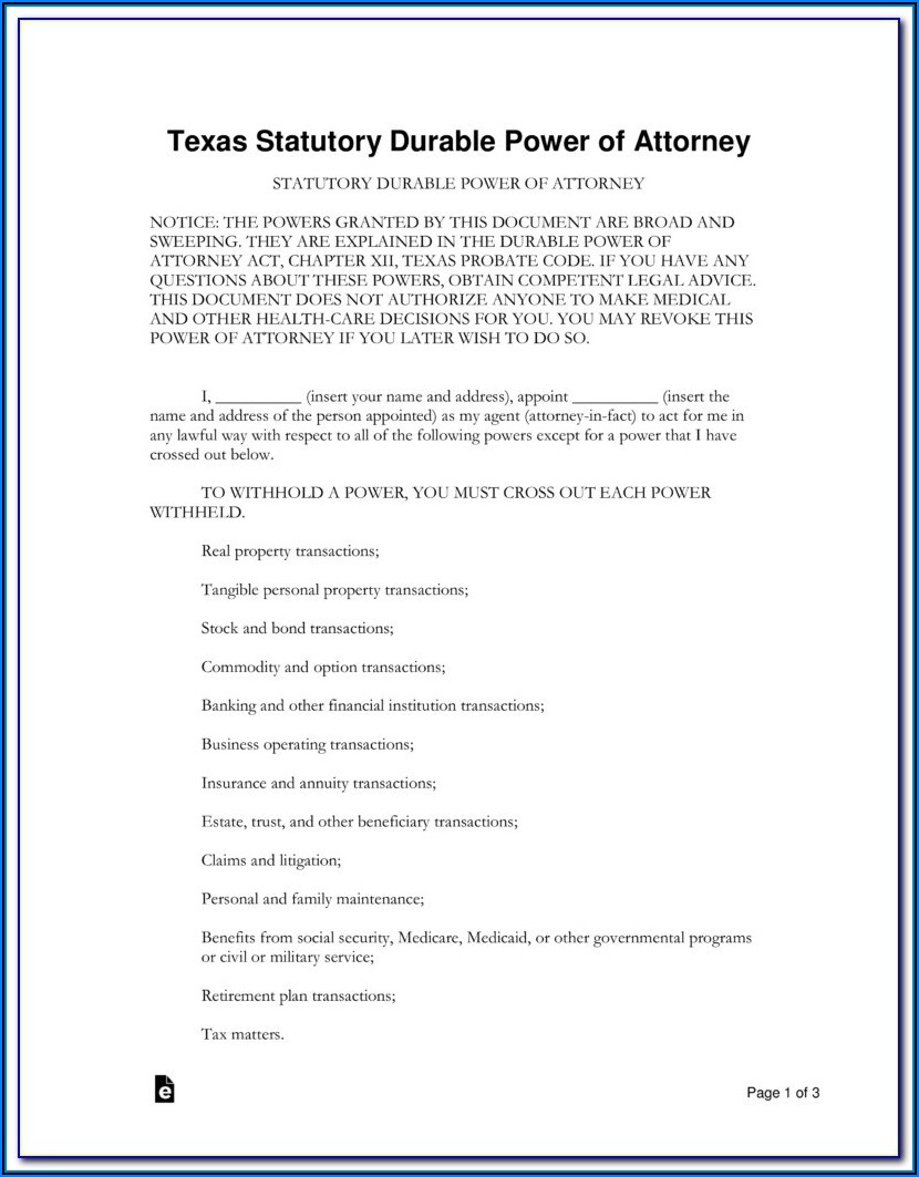 Statutory Durable Power Of Attorney Texas Form