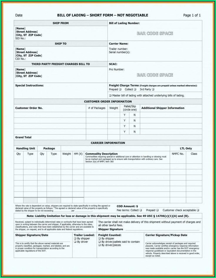 Straight Bill Of Lading Template Word