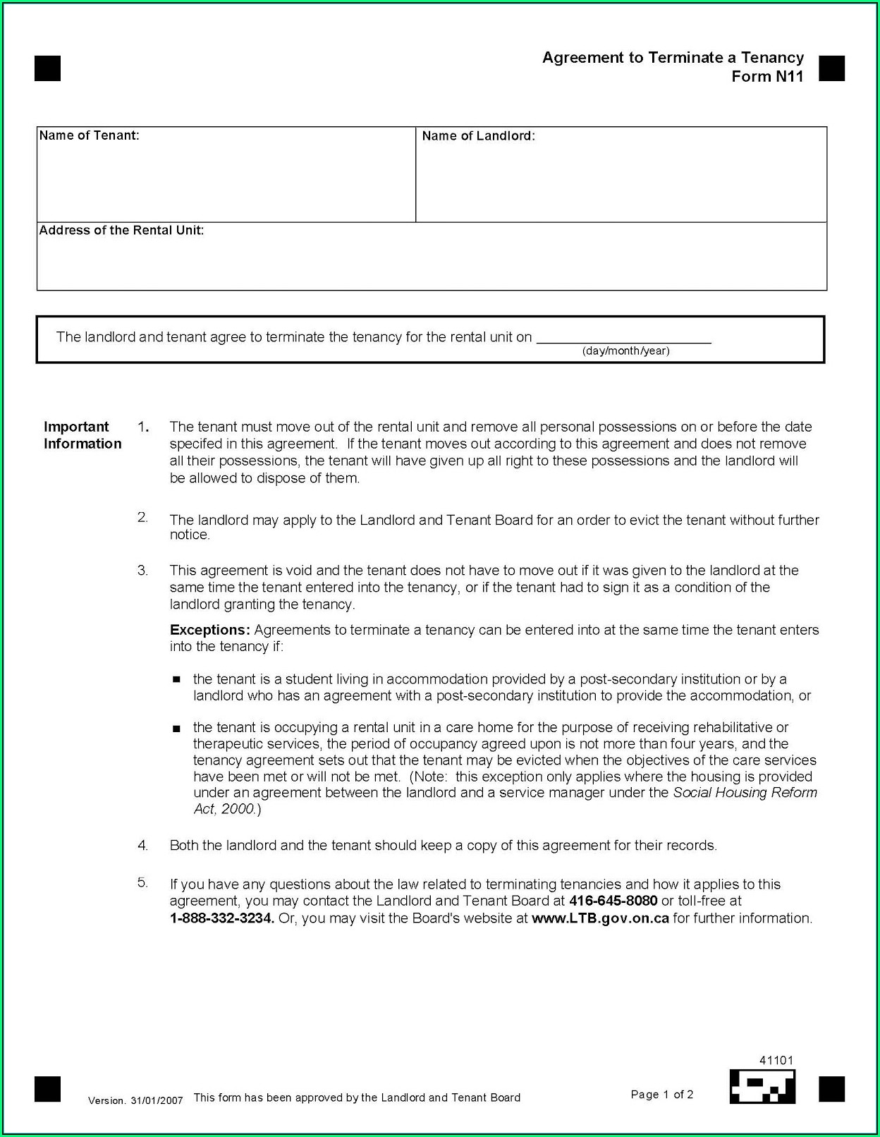 Termination Of Lease Agreement Form Ontario
