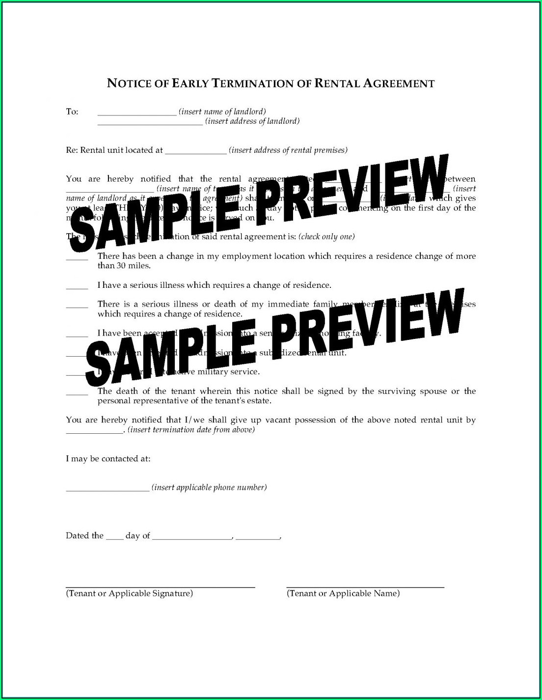 Termination Of Rental Agreement Template